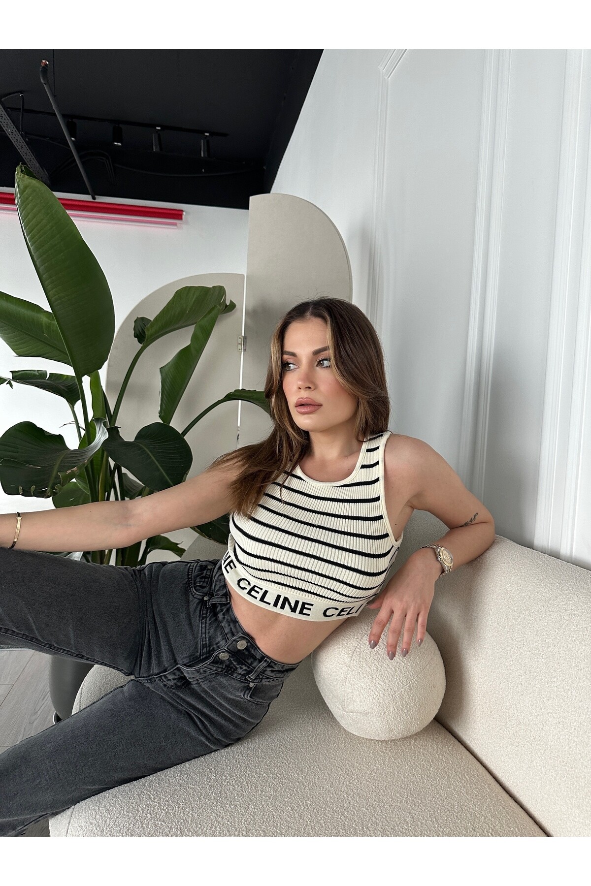 Beli Lastikli Triko Crop Krem