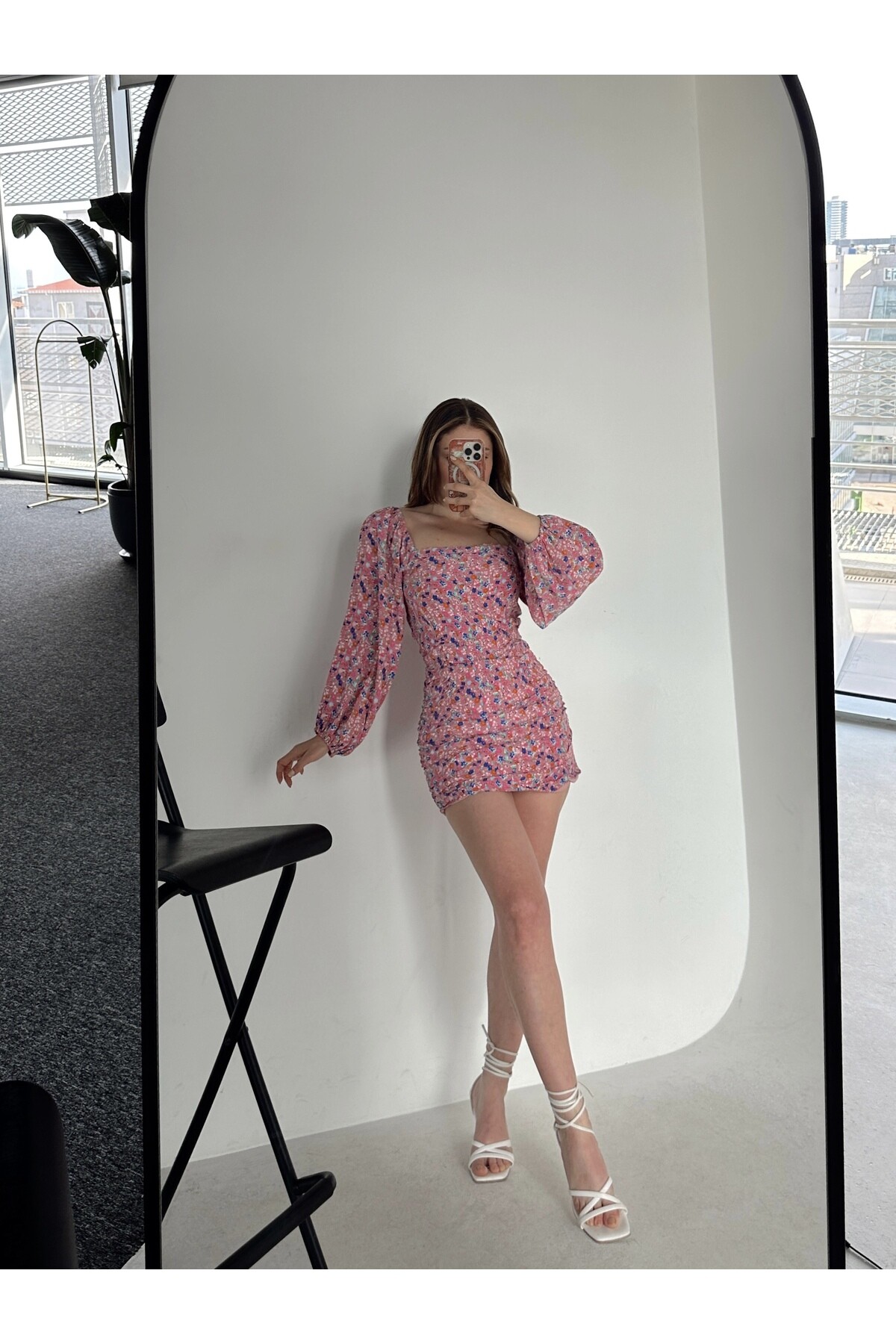 Çiçekli Lastik Balon Kol Astarlı Poplin Elbise