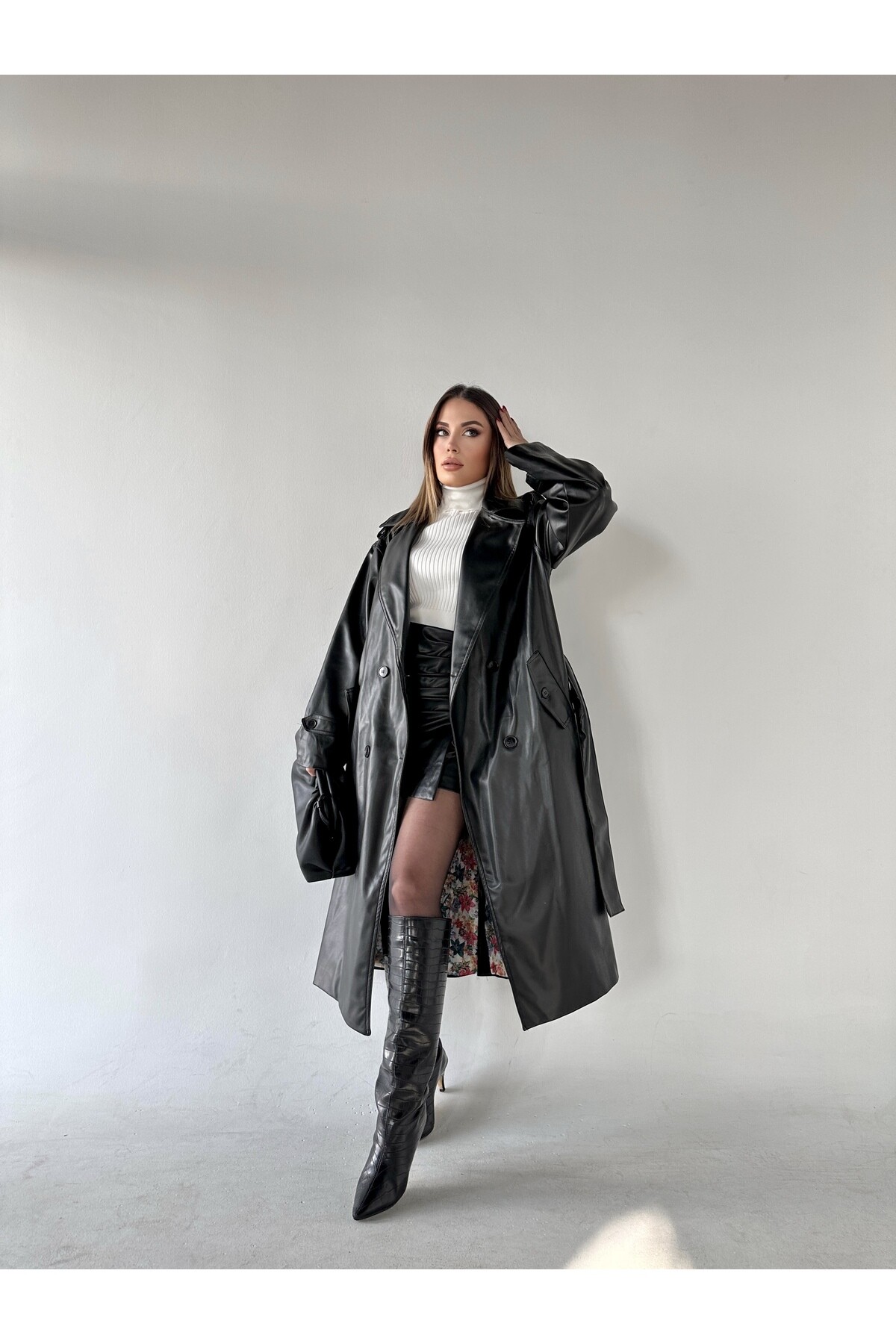 Colorful Astarlı Deri Trençkot  Siyah