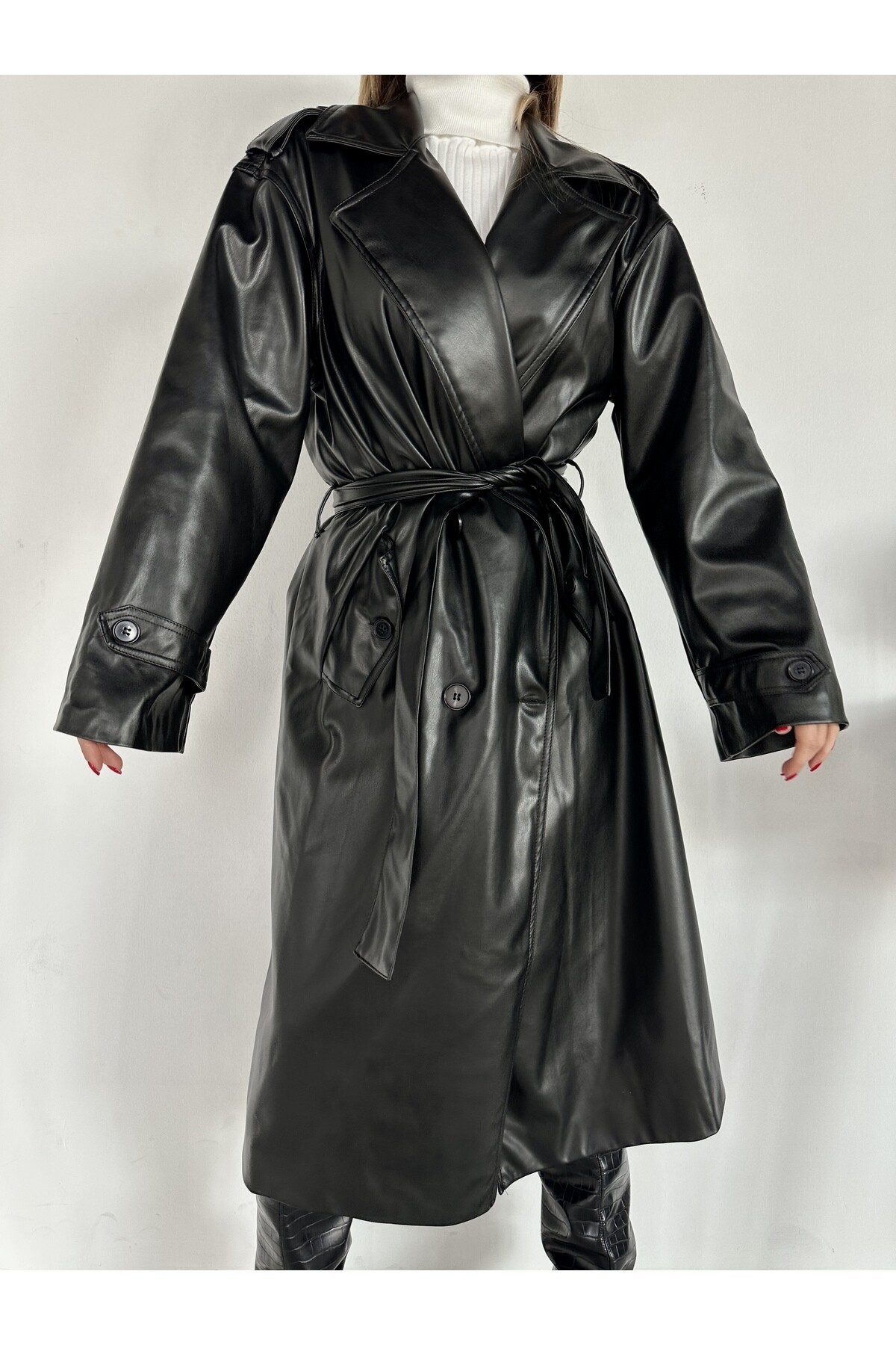 Colorful Astarlı Deri Trençkot  Siyah