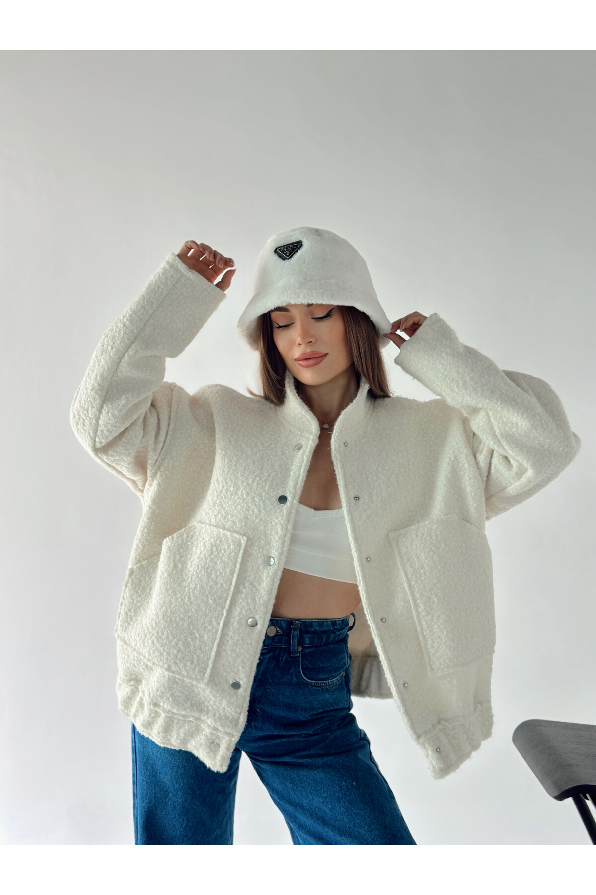 Ekru Büyük Cepli Buklet Bomber Ceket