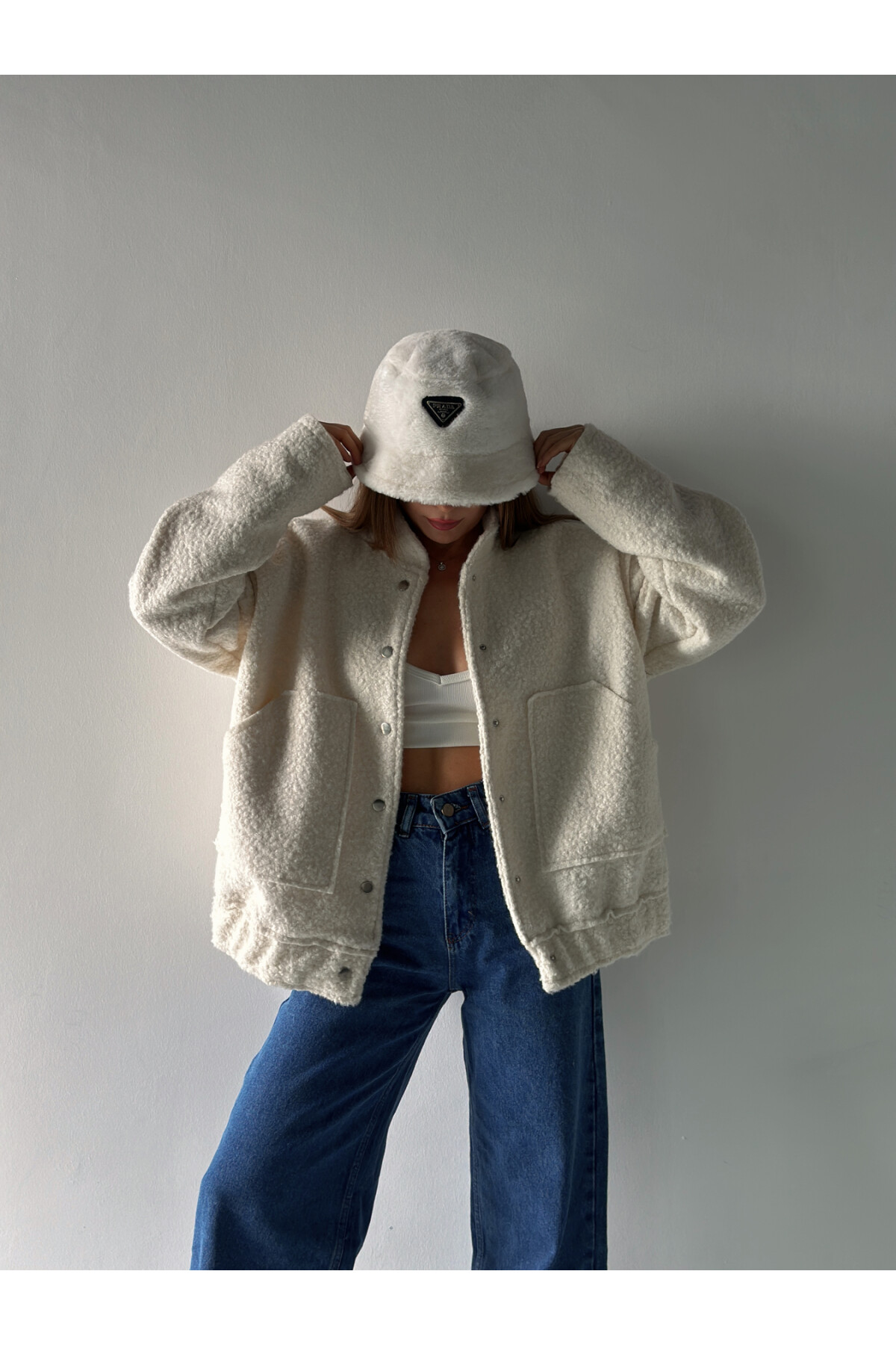 Ekru Büyük Cepli Buklet Bomber Ceket