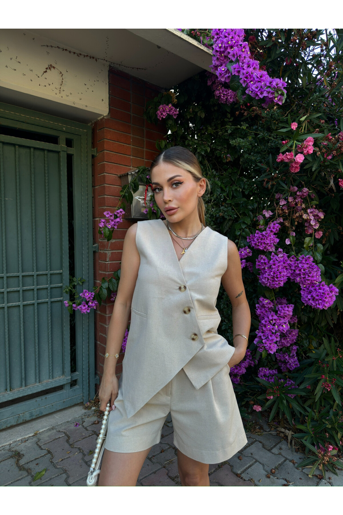 Kadın Krem %100 Organik Keten Yelek Şort İkili Takım