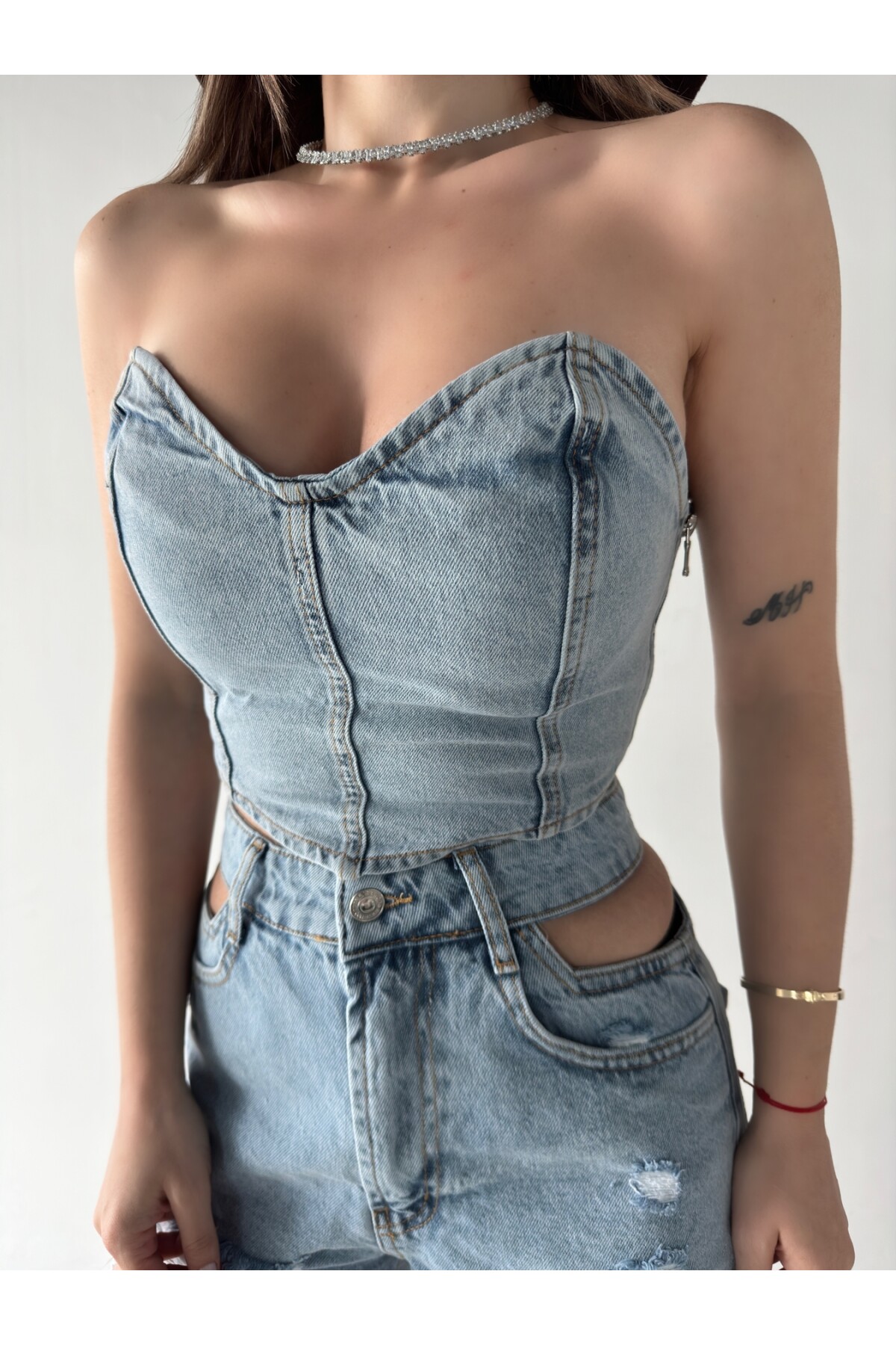 Kadın Açık Mavi Denim Straplez Bluz