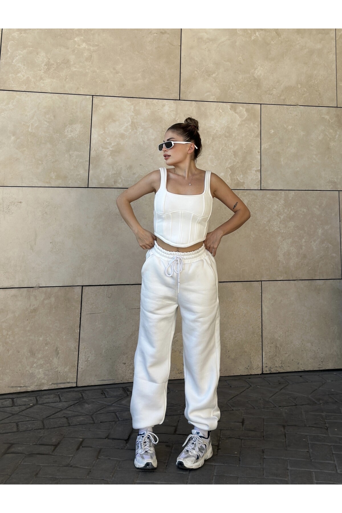 Kadın Kapüşonlu Crop Sweat Korseli Crop Pavlik 3 lü Eşofman Takımı