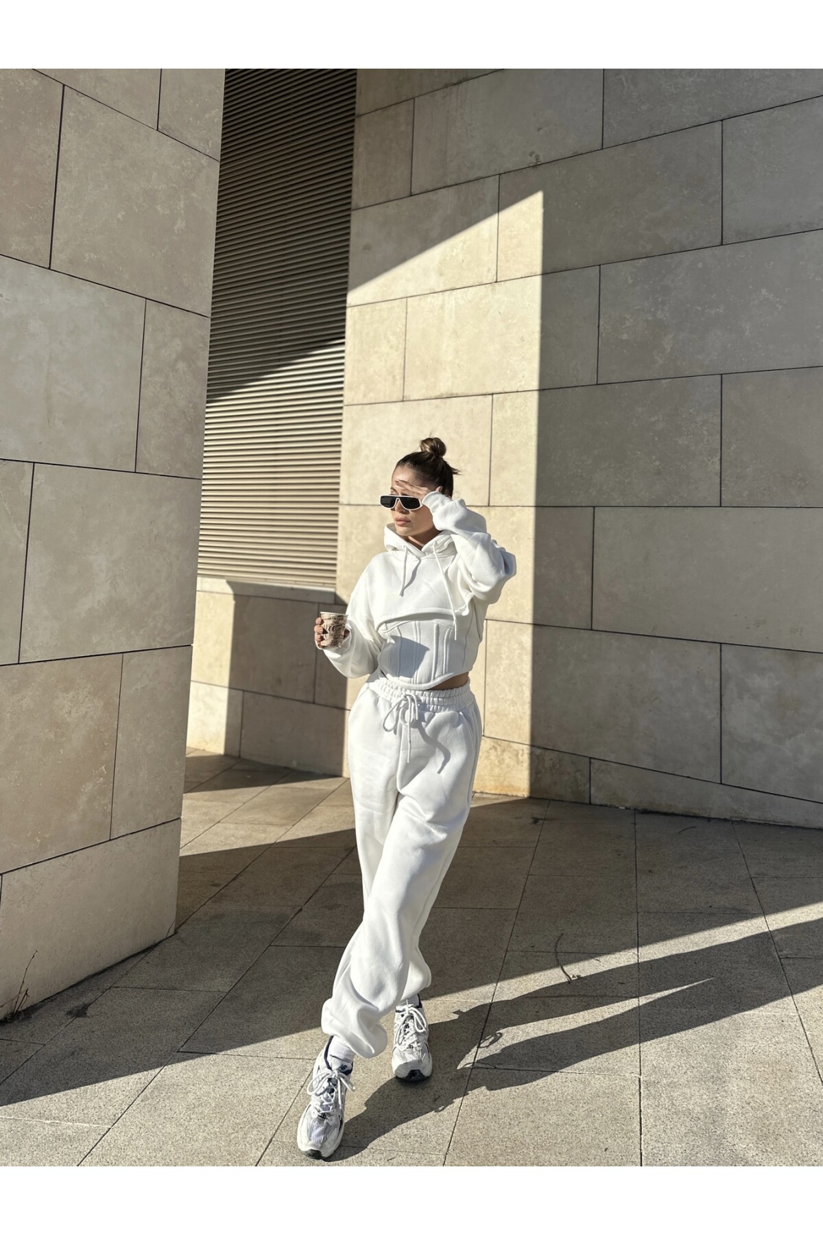 Kadın Kapüşonlu Crop Sweat Korseli Crop Pavlik 3 lü Eşofman Takımı