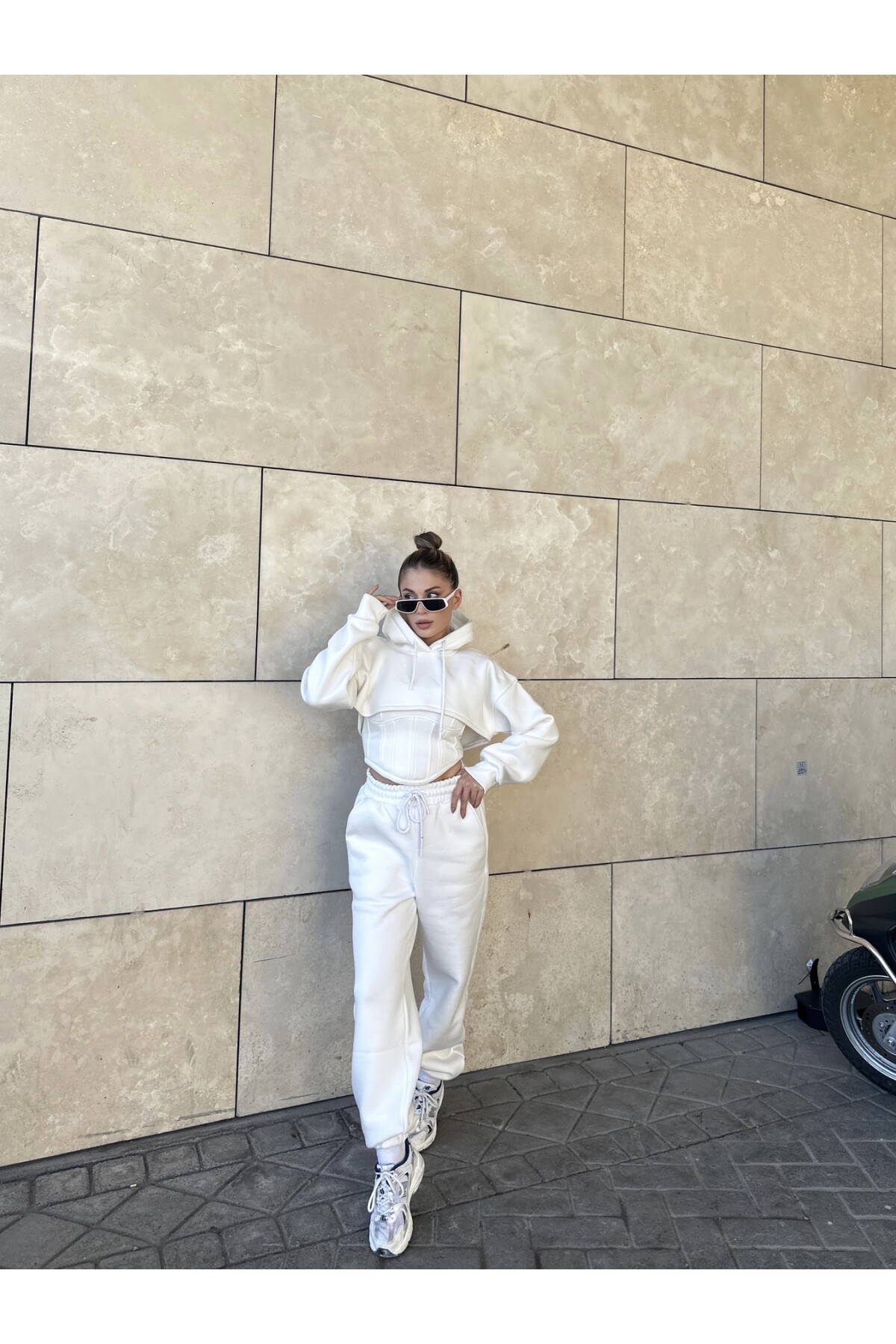 Kadın Kapüşonlu Crop Sweat Korseli Crop Pavlik 3 lü Eşofman Takımı