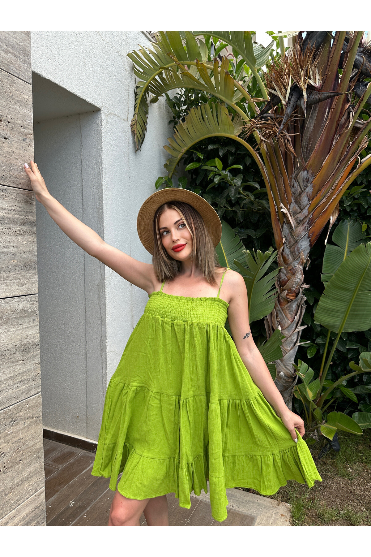 Kadın Ayarlanabilir Askılı Astarlı Organik Pamuk Cotton Kumaş Elbise 