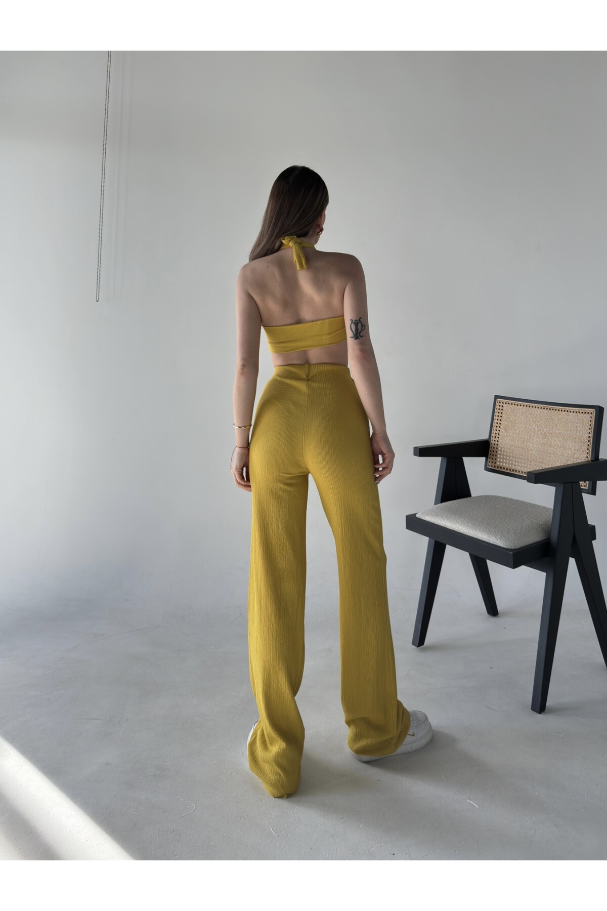 Kadın Bağlamalı-Straplez Pantolon Alt Üst Takım Hardal