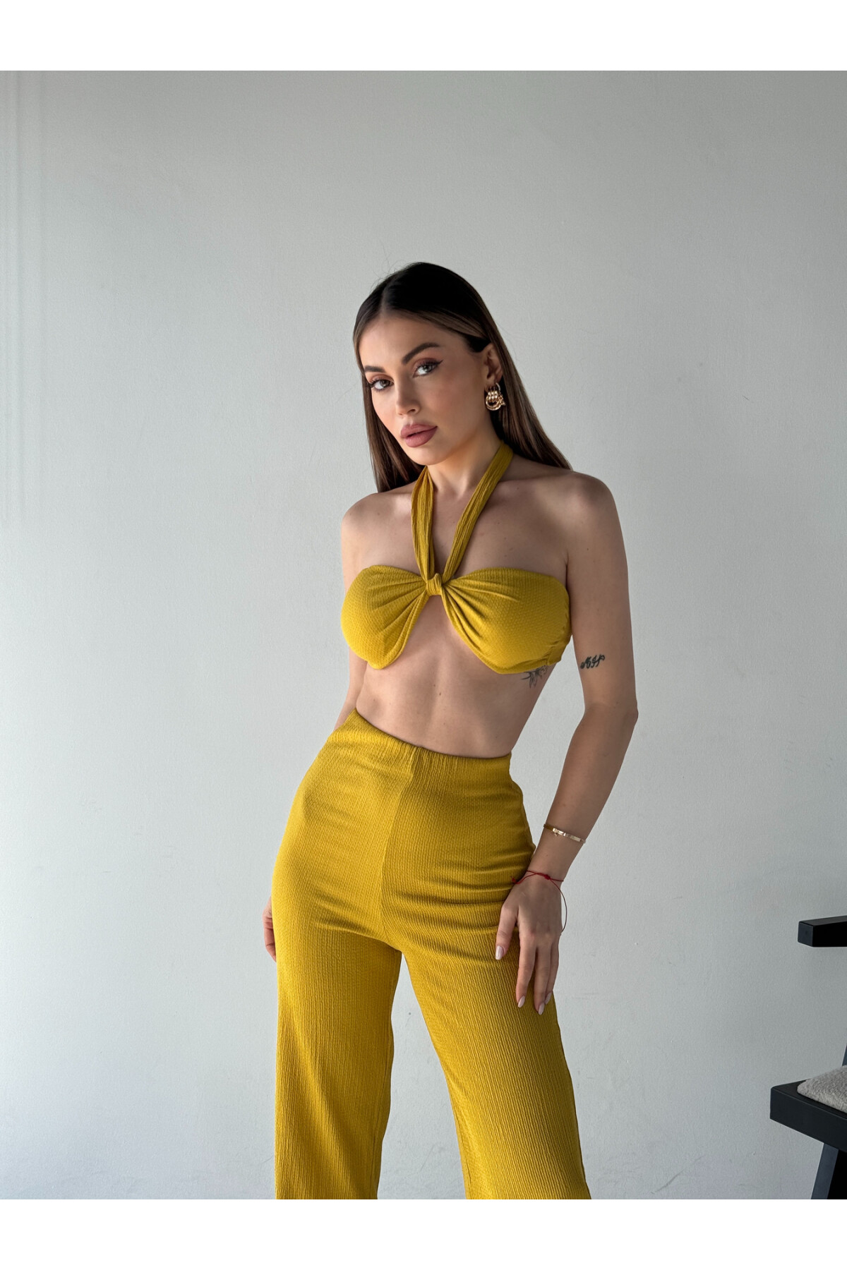Kadın Bağlamalı-Straplez Pantolon Alt Üst Takım Hardal