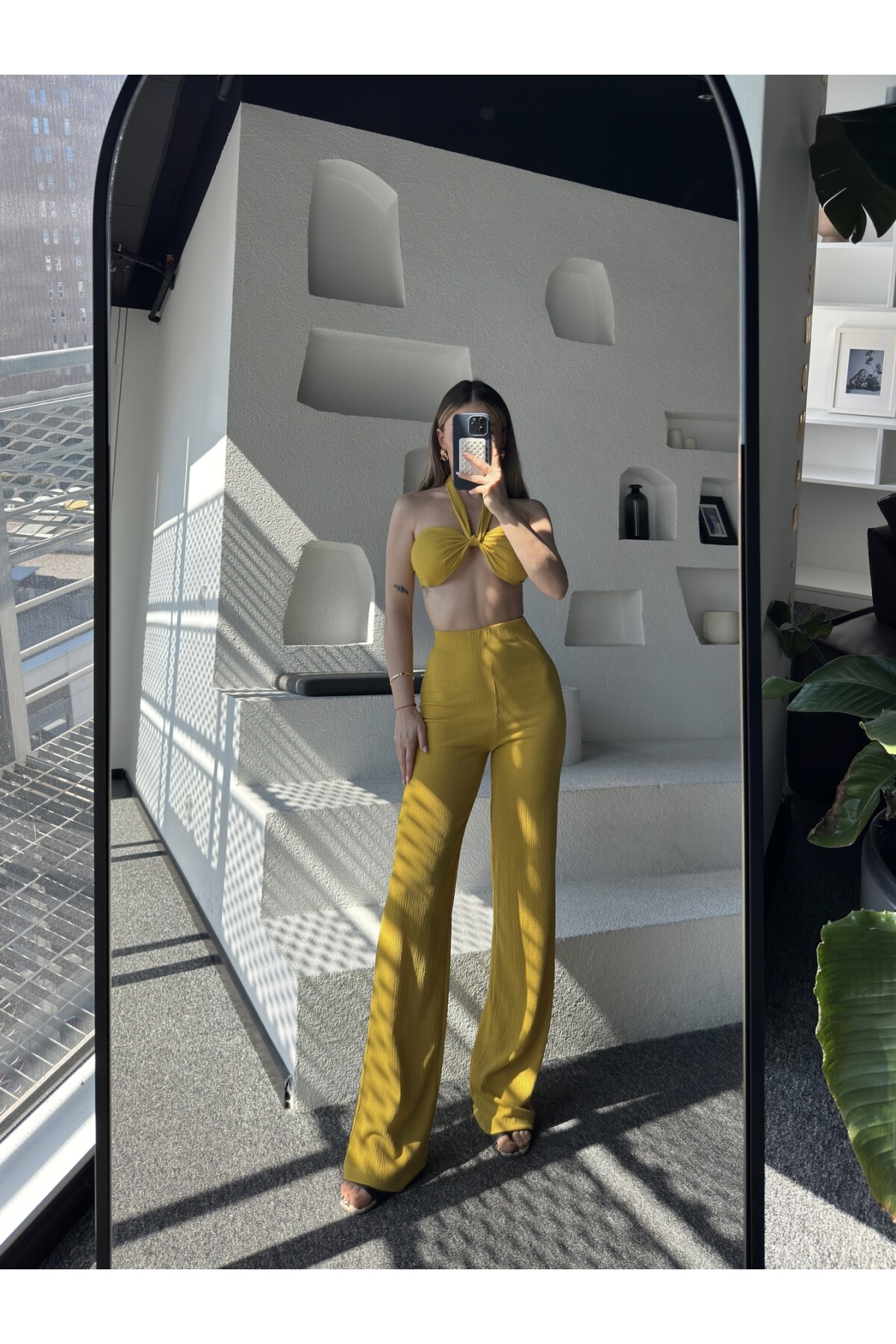 Kadın Bağlamalı-Straplez Pantolon Alt Üst Takım Hardal