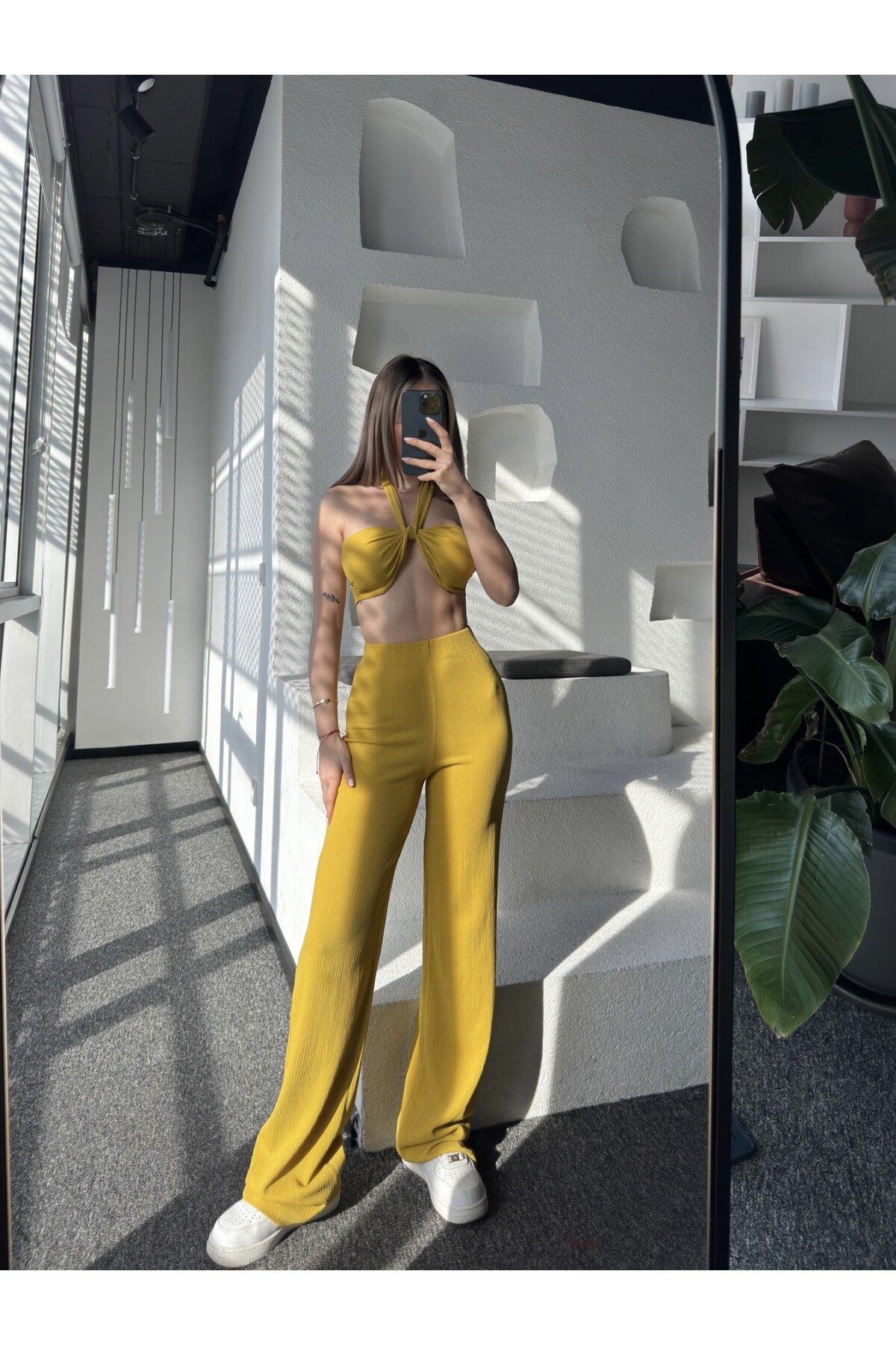 Kadın Bağlamalı-Straplez Pantolon Alt Üst Takım Hardal