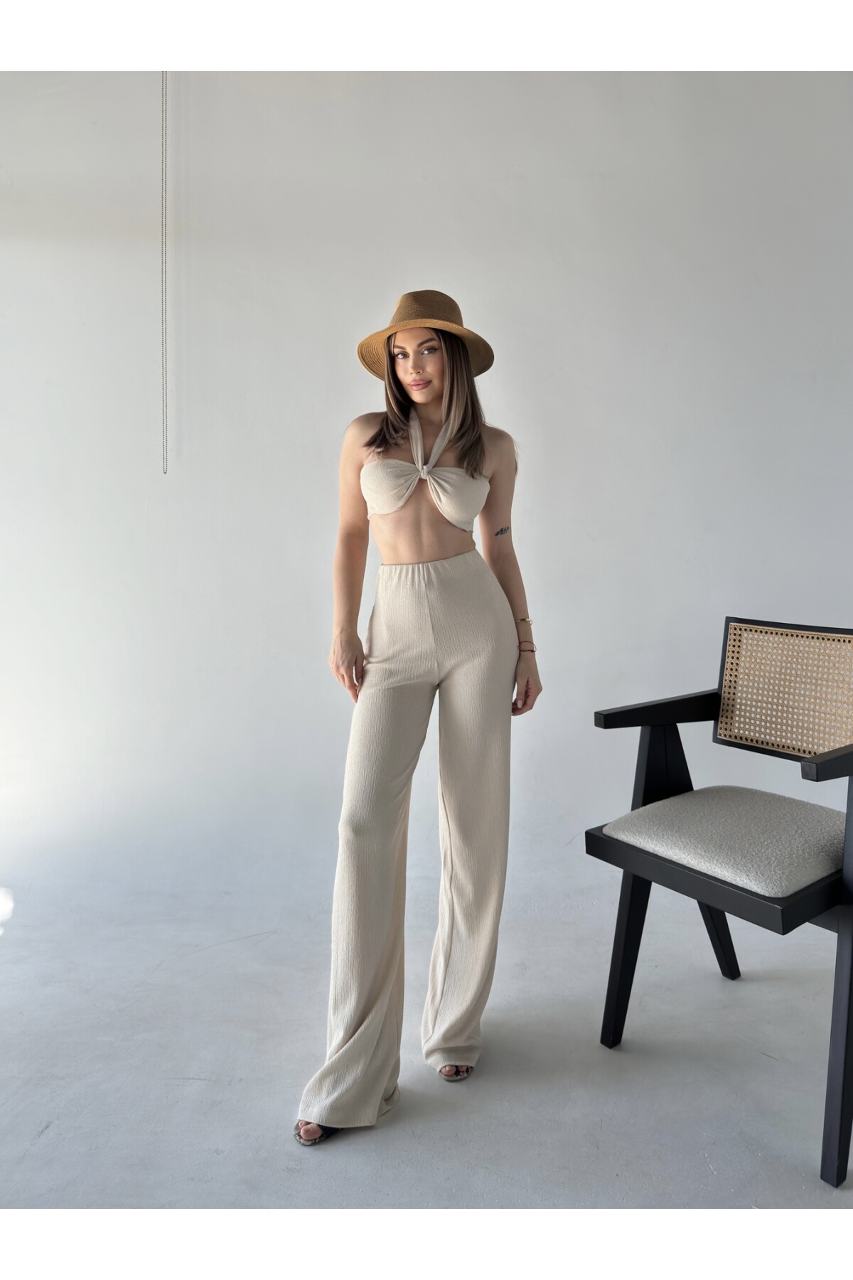 Kadın Bağlamalı-Straplez Pantolon Alt Üst Takım Taş