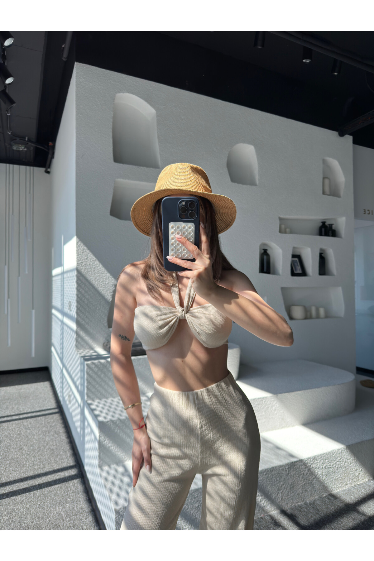 Kadın Bağlamalı-Straplez Pantolon Alt Üst Takım Taş