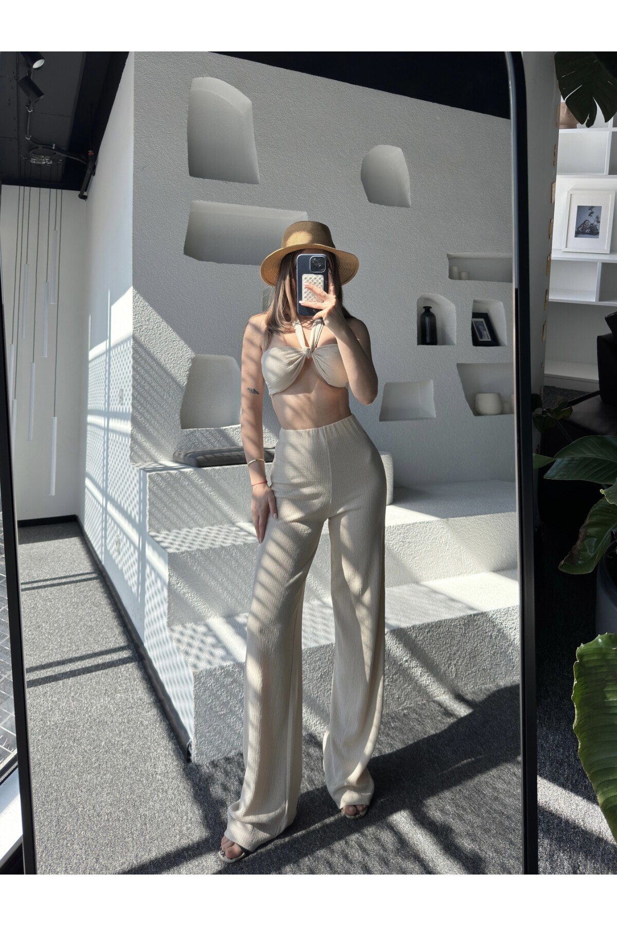 Kadın Bağlamalı-Straplez Pantolon Alt Üst Takım Taş