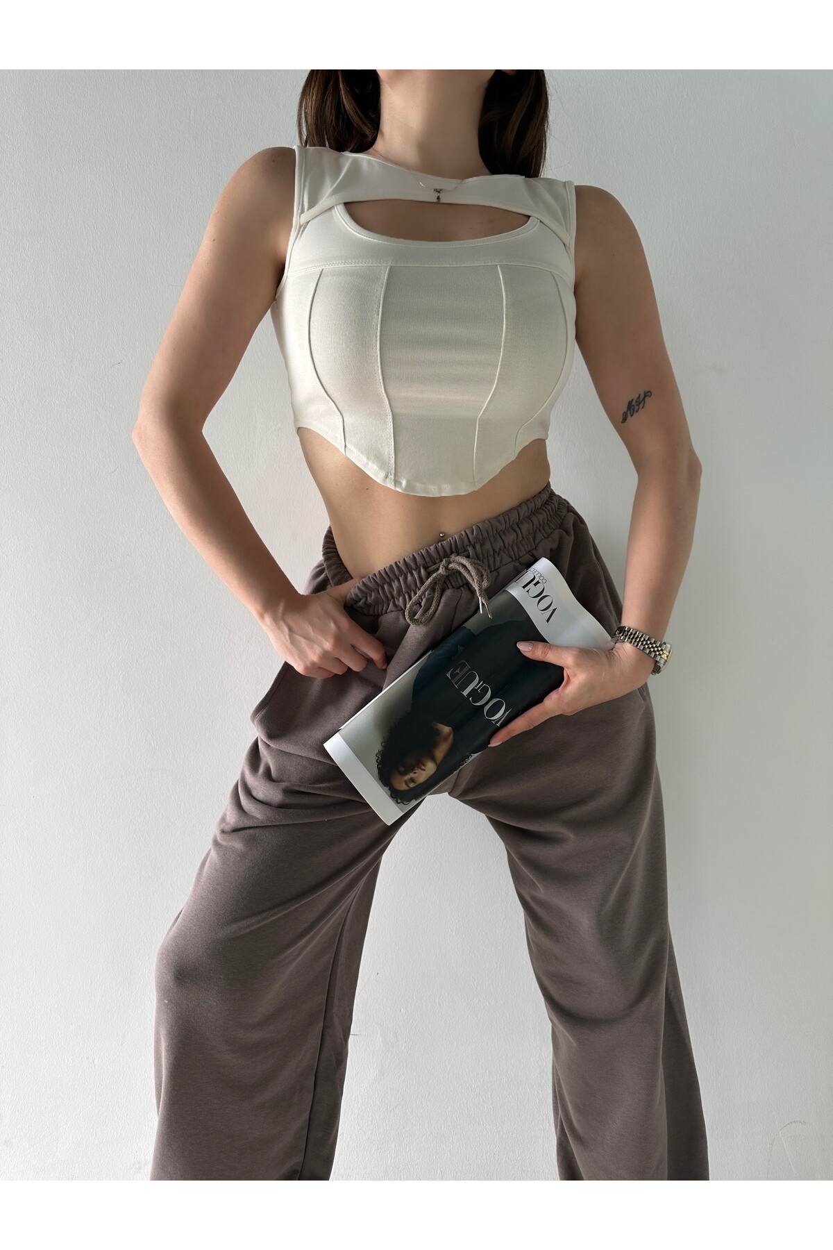 Kadın Bej Renk Pencere Detaylı Likralı Çelik Penye Bluz