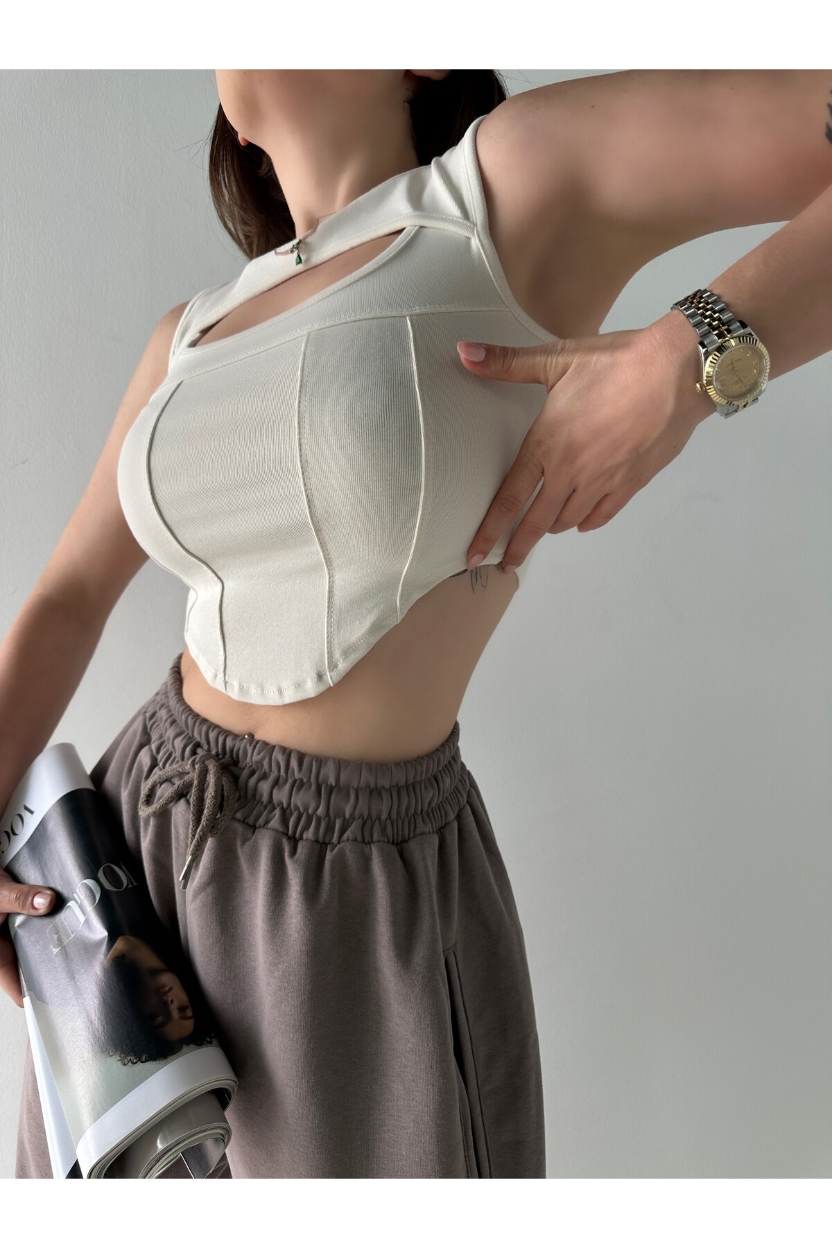 Kadın Bej Renk Pencere Detaylı Likralı Çelik Penye Bluz