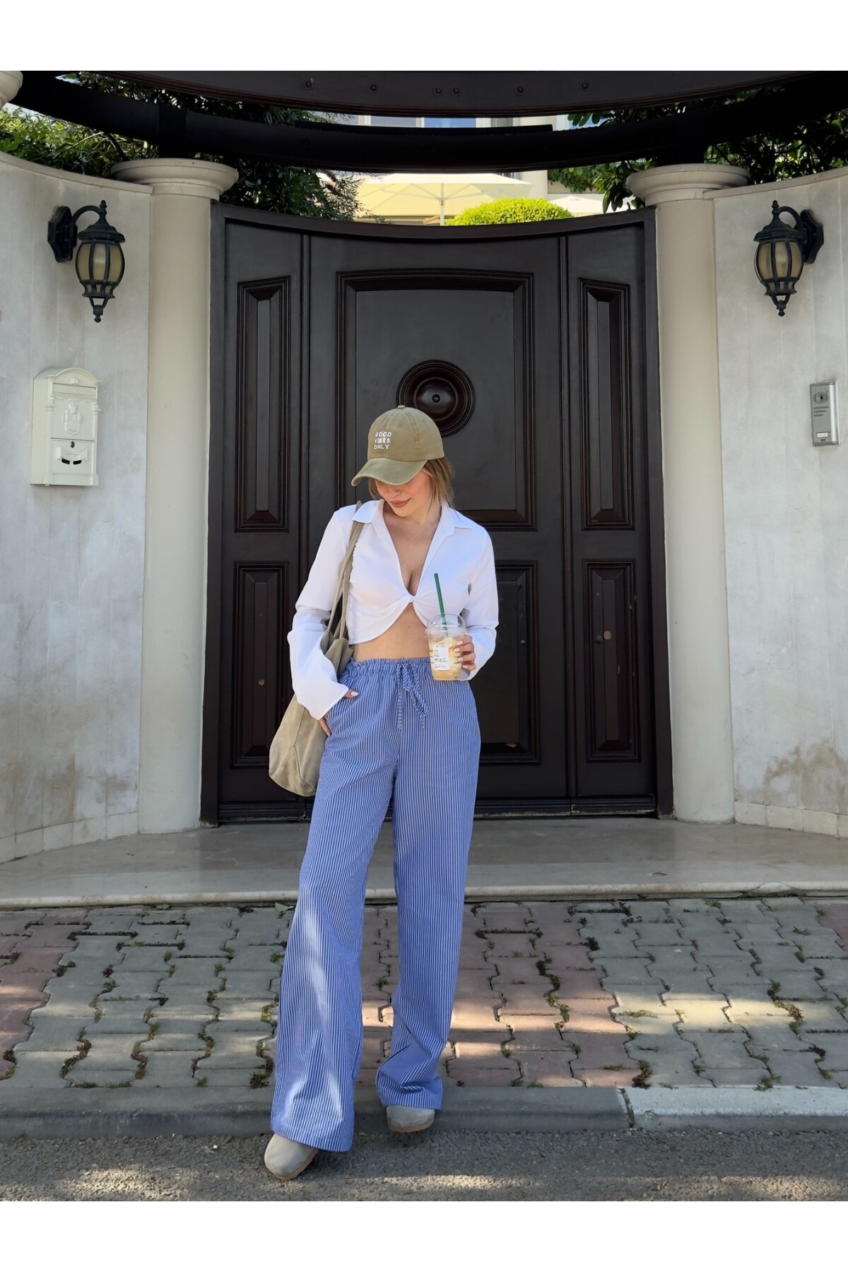 Kadın Beli Lastikli Çizgili Pantolon