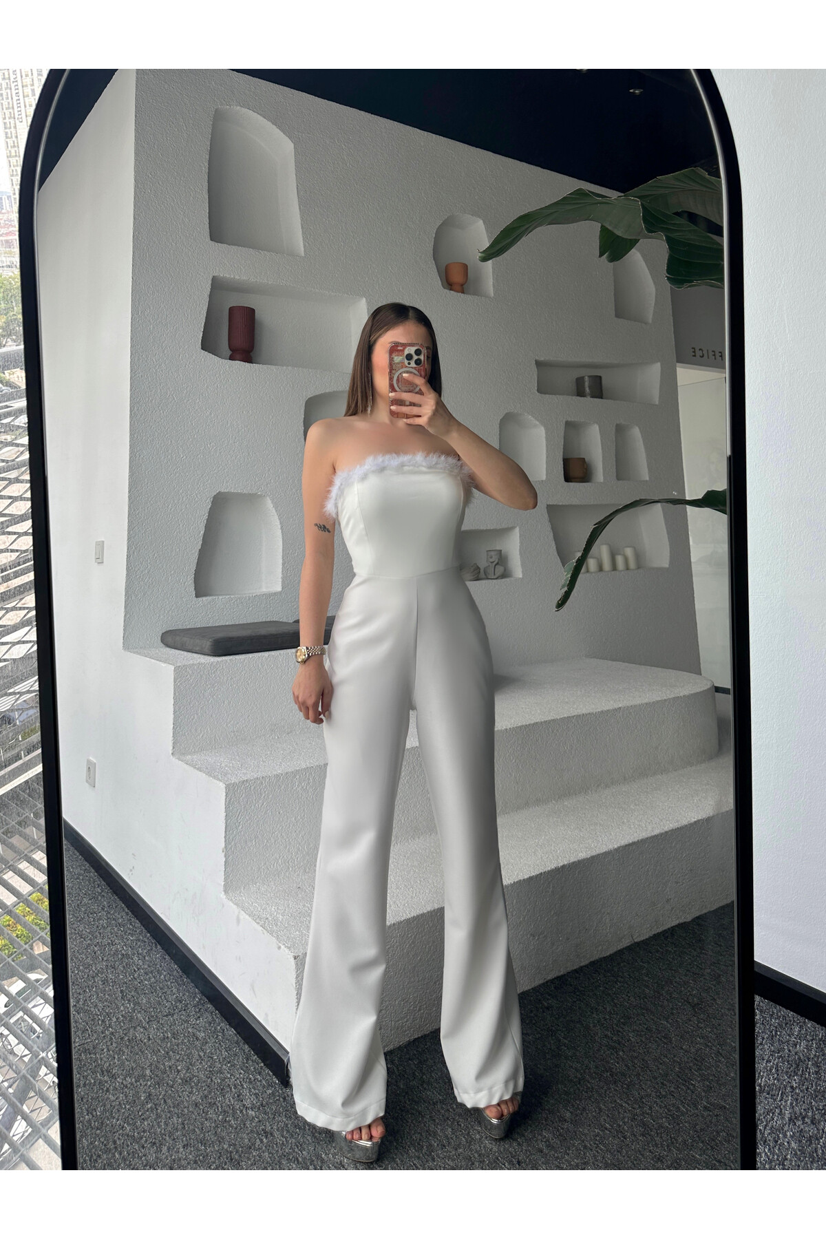 Kadın Beyaz Straplez Yaka Double Kumaş Abiye Tulum