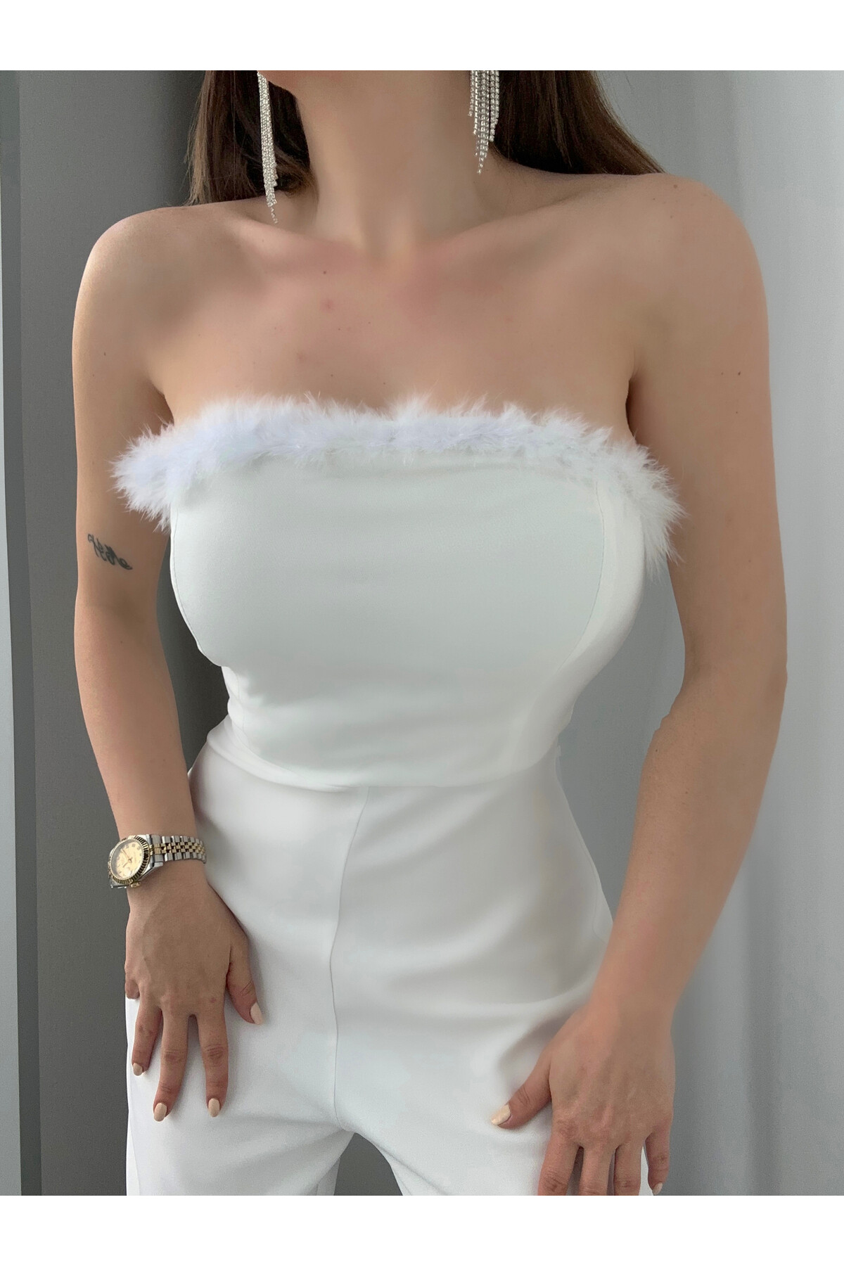 Kadın Beyaz Straplez Yaka Double Kumaş Abiye Tulum