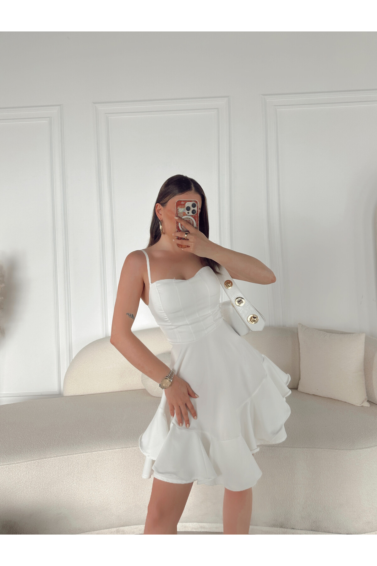 Kadın Beyaz  Volanlı Astarlı Ayarlanabilir Askılı Elbise