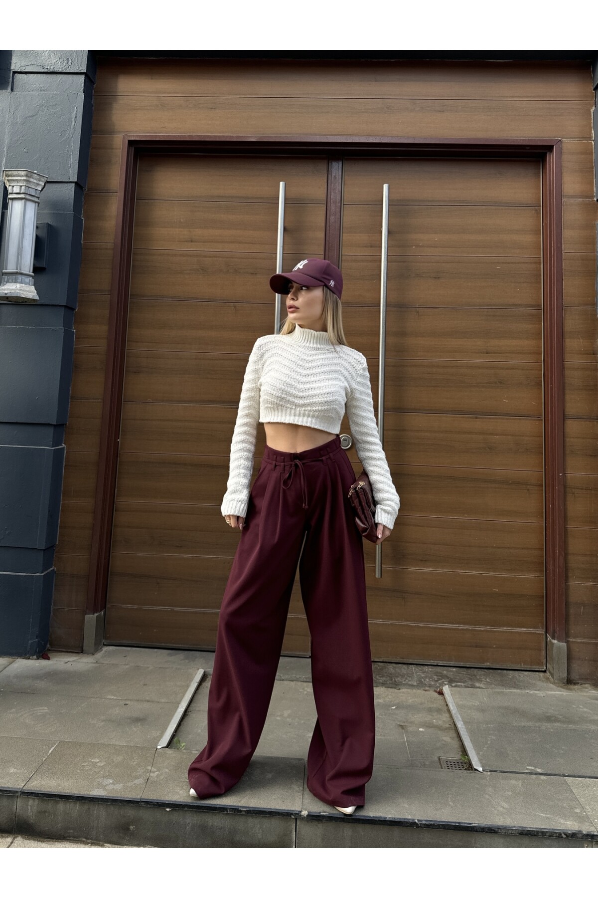 Kadın Bordo Bağcıklı Yüksek Bel Premİum Kalıp Palazzo Pantolon