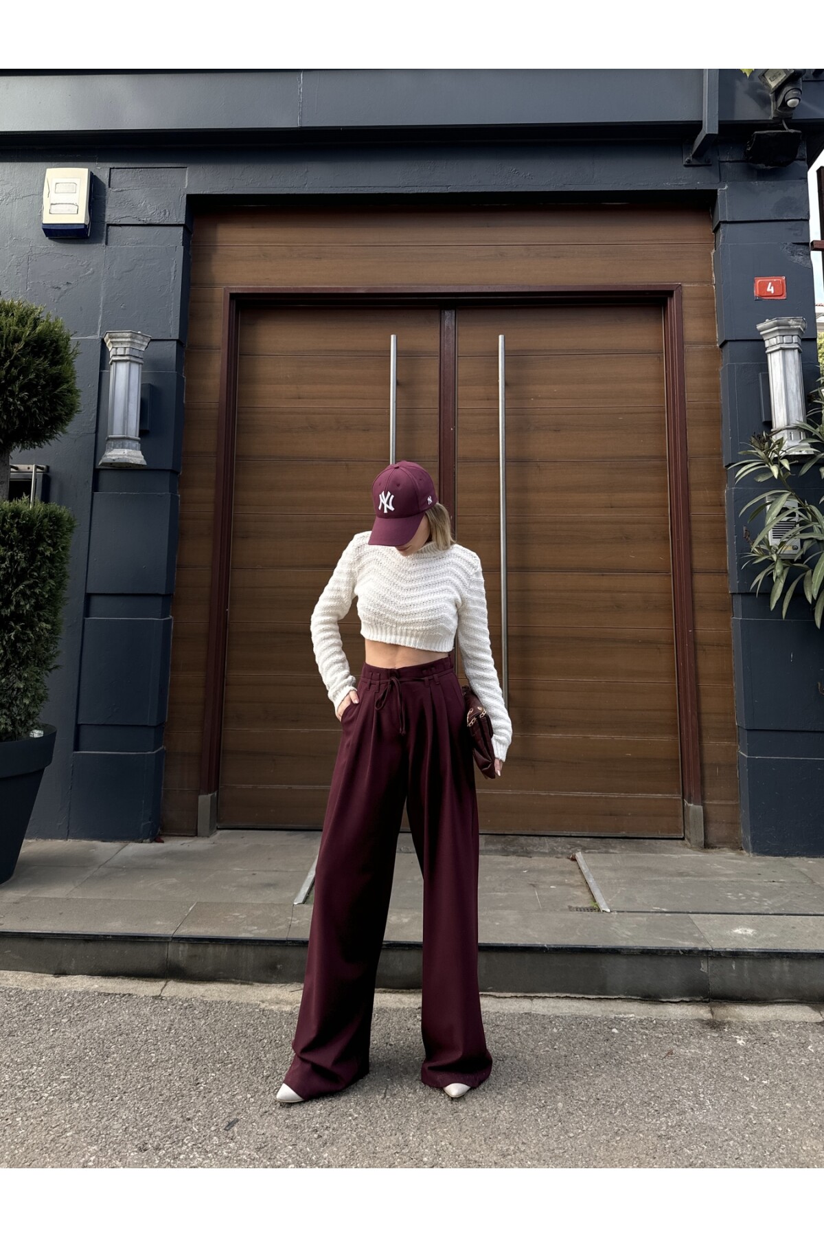 Kadın Bordo Bağcıklı Yüksek Bel Premİum Kalıp Palazzo Pantolon