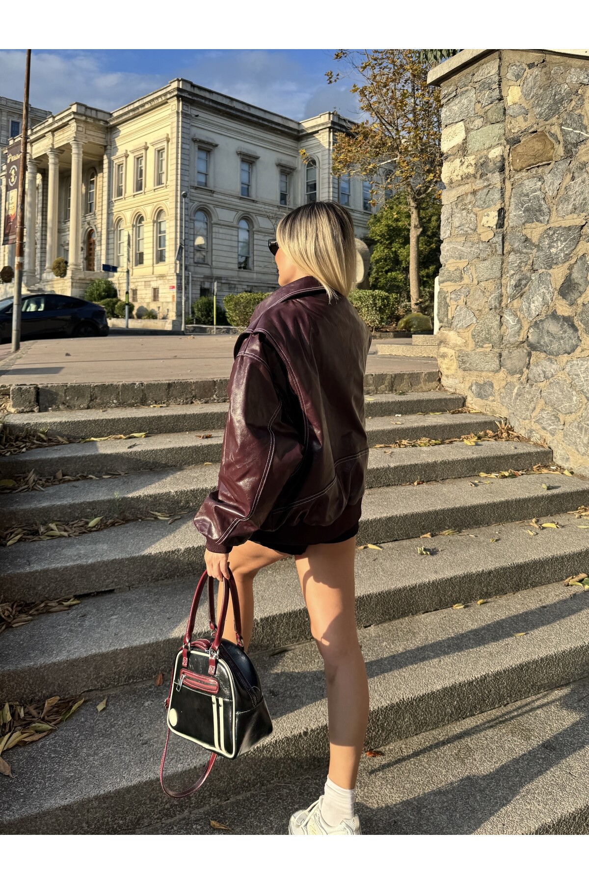 Kadın Bordo Dikiş Detaylı Deri Ceket