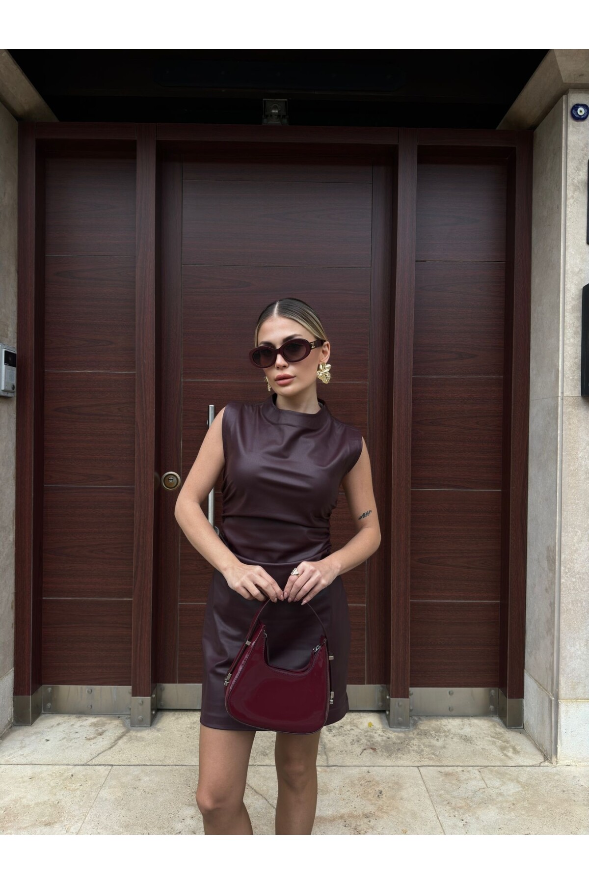 Kadın Bordo Drape Detaylı Gizli Fermuarlı Deri Elbise