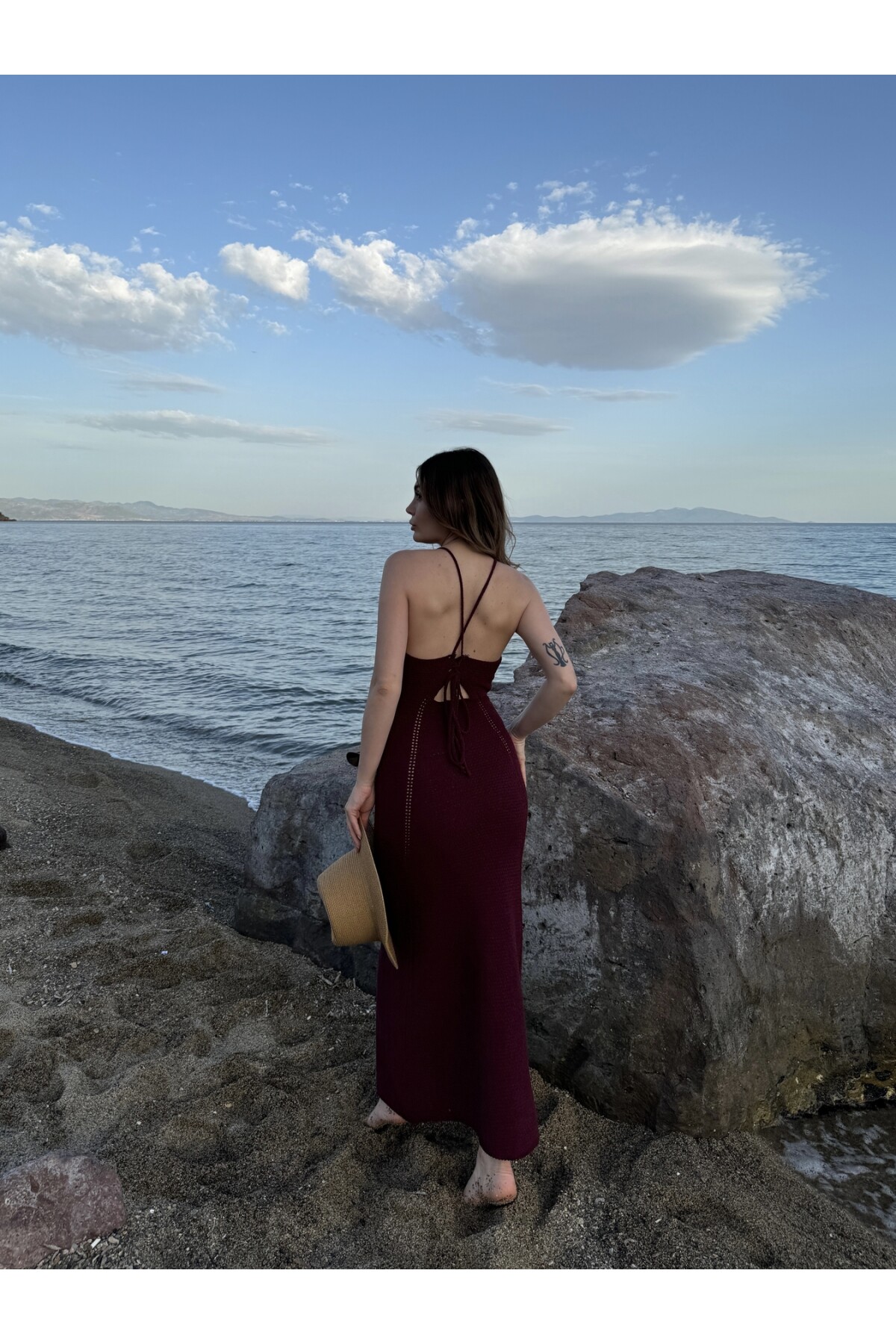 Kadın bordo sırt bağlamalı triko örgü elbise
