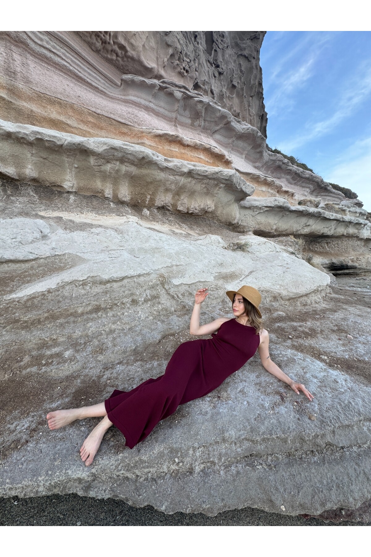 Kadın Bordo sırt dekolteli triko elbise