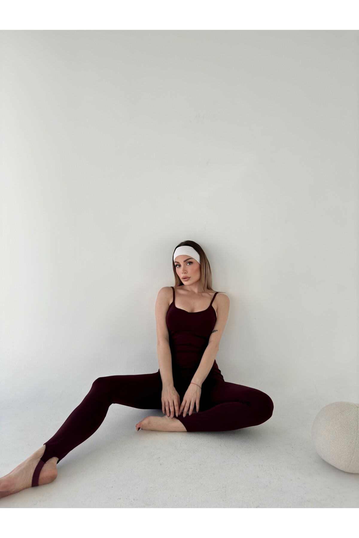 Kadın Bordo Yoga Pilates Spor Askılı Bilek Geçmeli Tulum