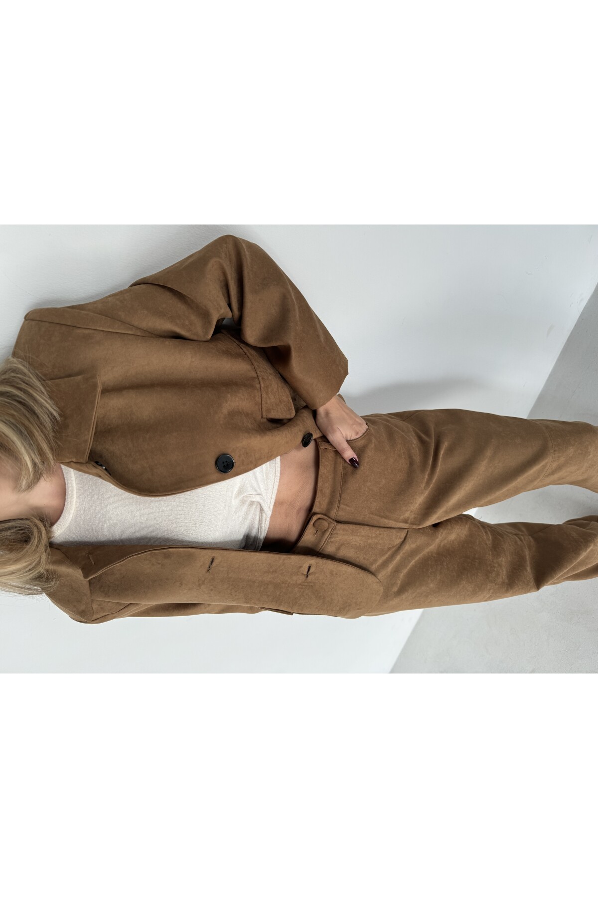 Kadın Camel Renk Süet Ceket Palazzo Pantolon İkili Takım