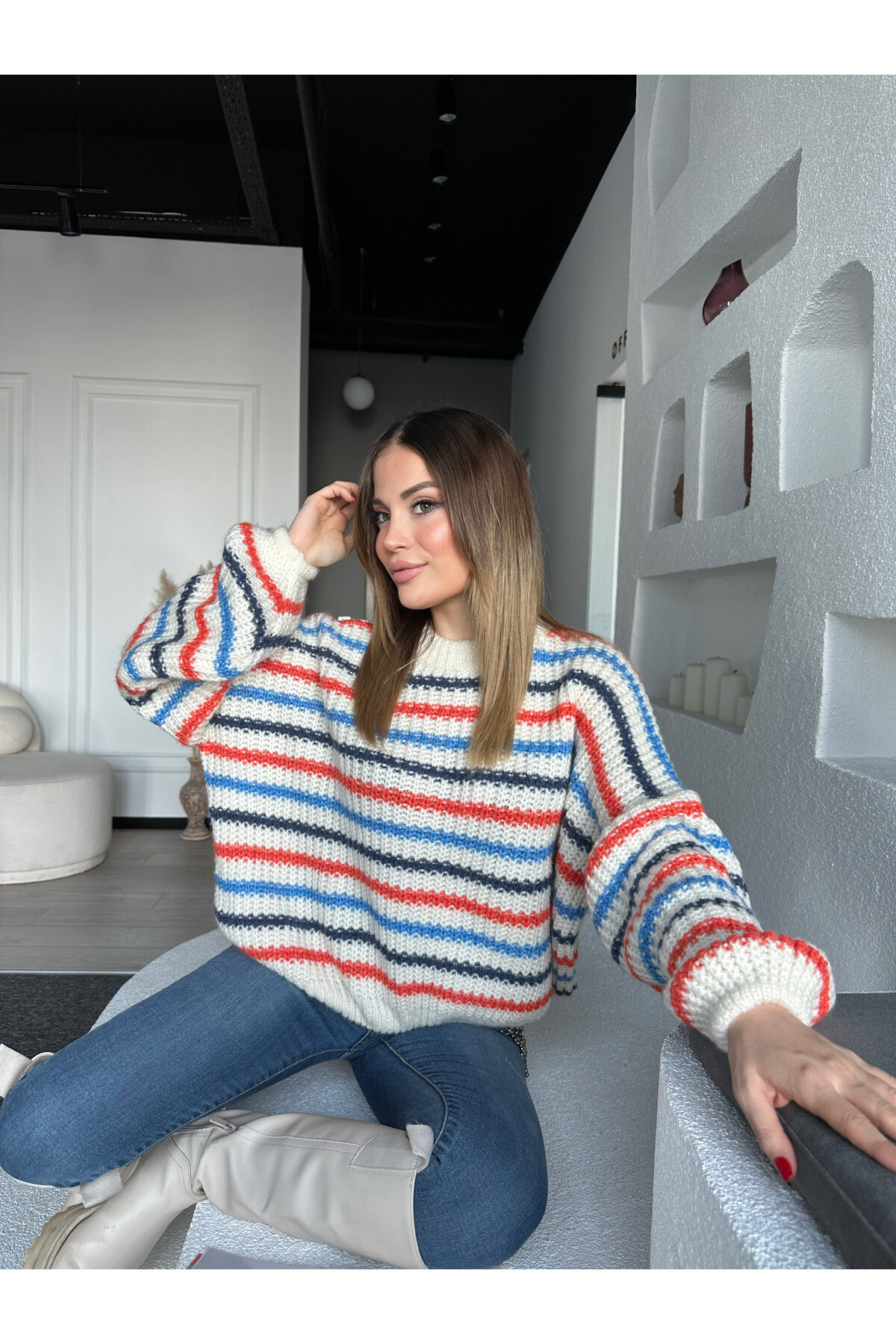 Kadın Çizgili Bisiklet Yaka Salaş Triko Kazak  Renkli