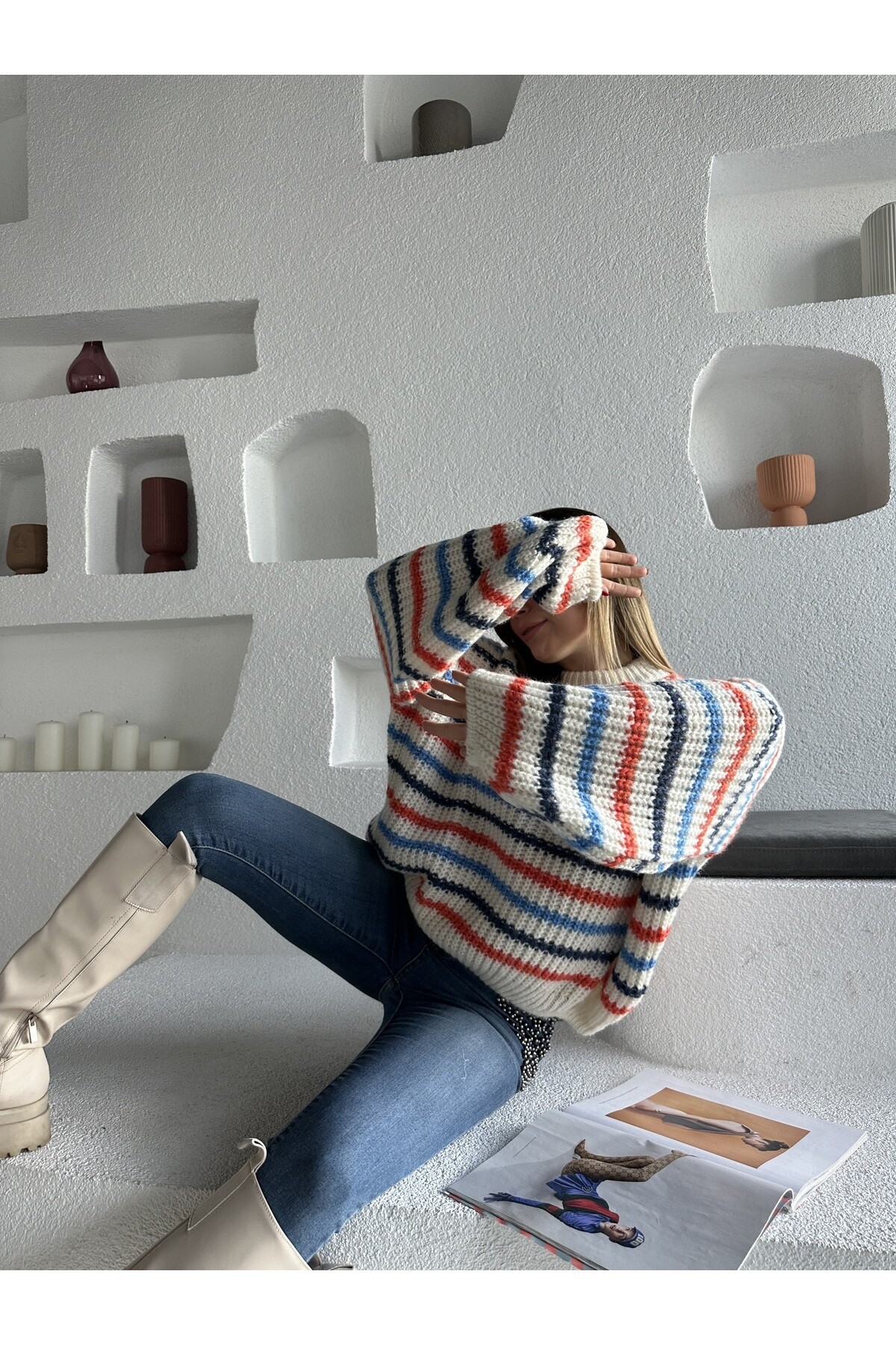 Kadın Çizgili Bisiklet Yaka Salaş Triko Kazak  Renkli