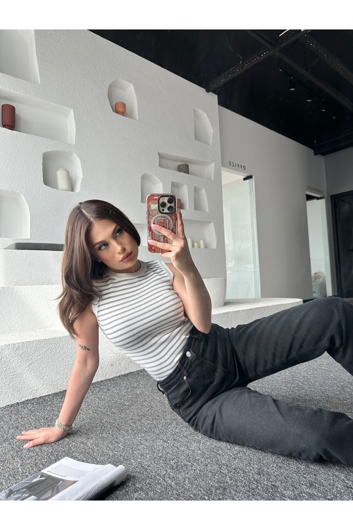 Kadın Çizgili Bisiklet Yaka Triko Bluz  Beyaz