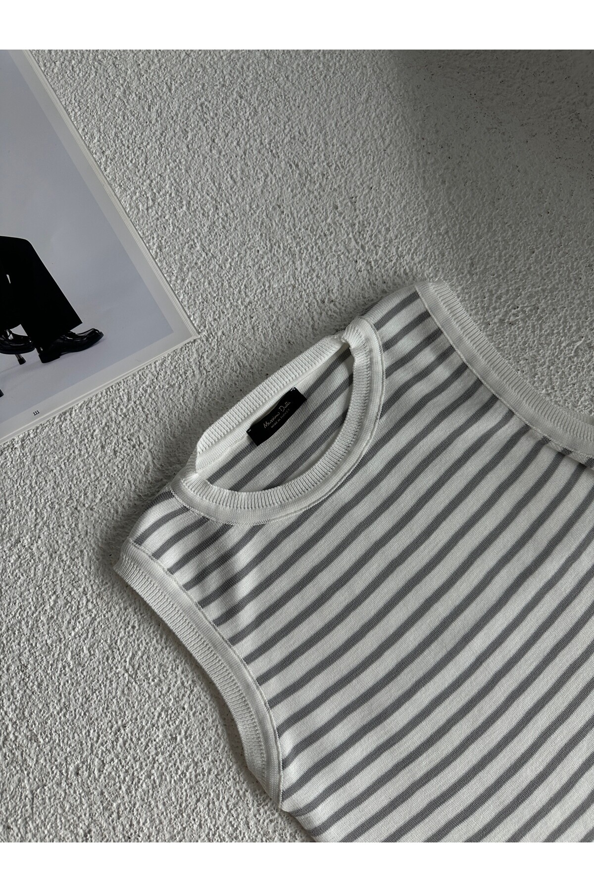 Kadın Çizgili Bisiklet Yaka Triko Bluz  Beyaz