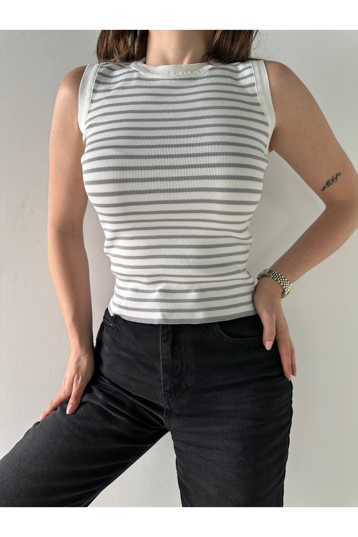 Kadın Çizgili Bisiklet Yaka Triko Bluz  Beyaz