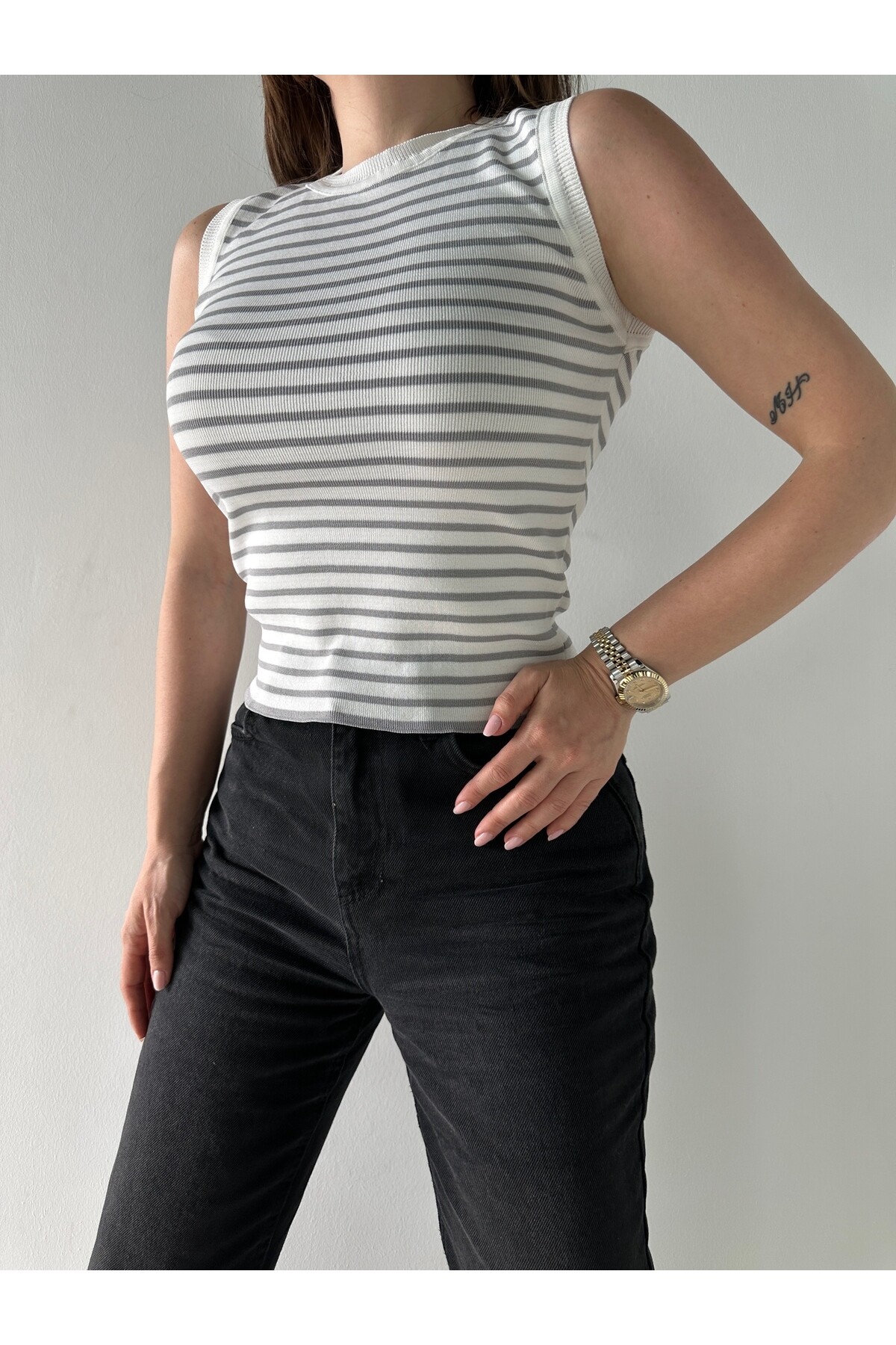 Kadın Çizgili Bisiklet Yaka Triko Bluz  Beyaz