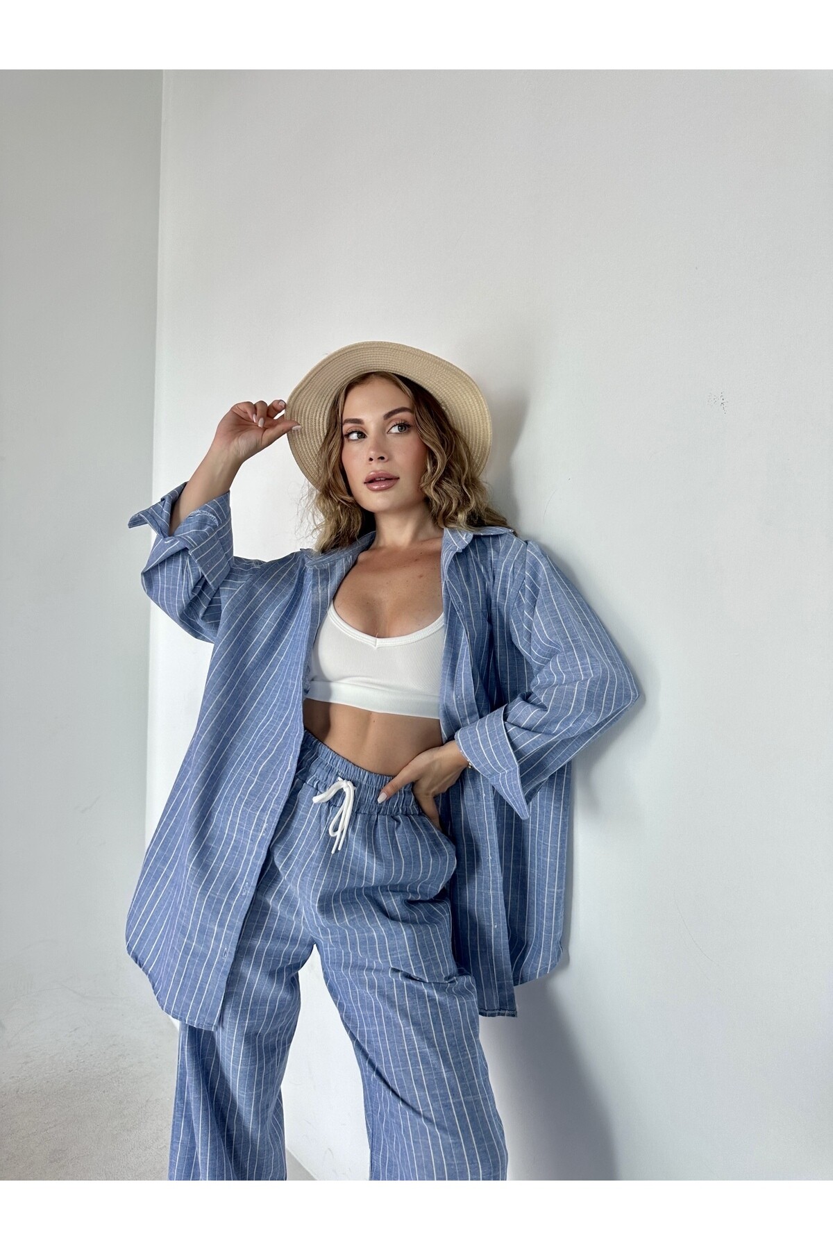 Kadın Çizgili Keten  Palazzo Pantolon  Gömlek Takım Mavi
