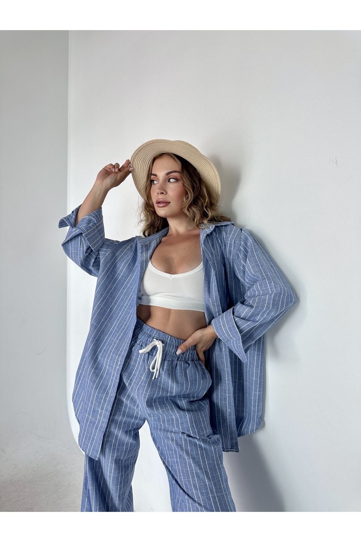 Kadın Çizgili Keten  Palazzo Pantolon  Gömlek Takım Mavi