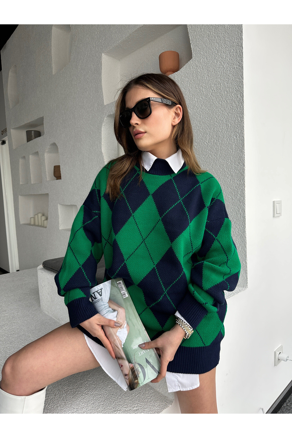 Kadın Dik Yaka Baklava Desen Oversize Triko Kazak  Yeşil