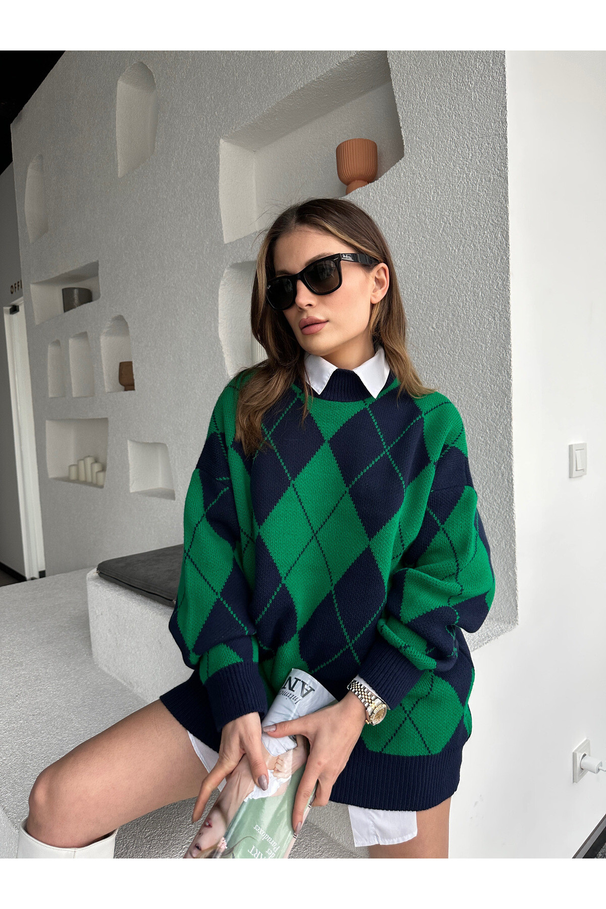 Kadın Dik Yaka Baklava Desen Oversize Triko Kazak  Yeşil