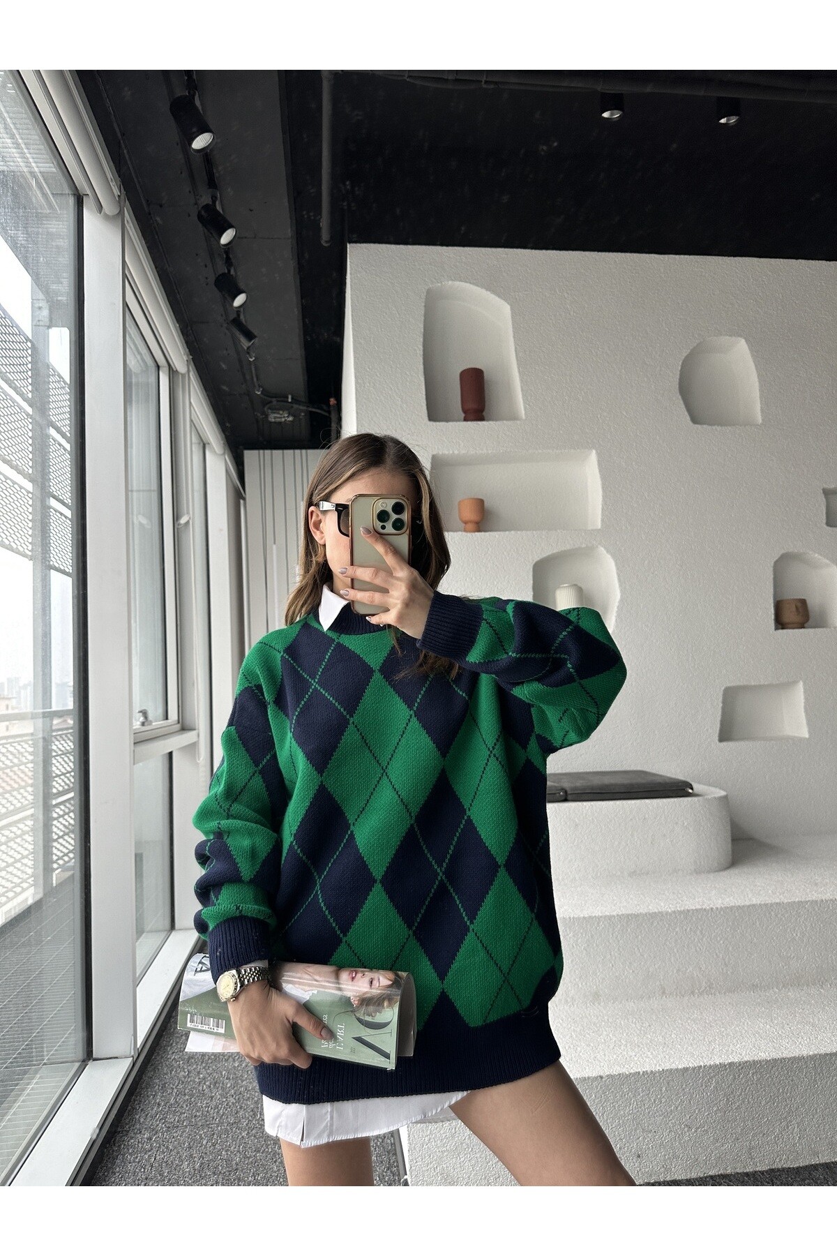 Kadın Dik Yaka Baklava Desen Oversize Triko Kazak  Yeşil