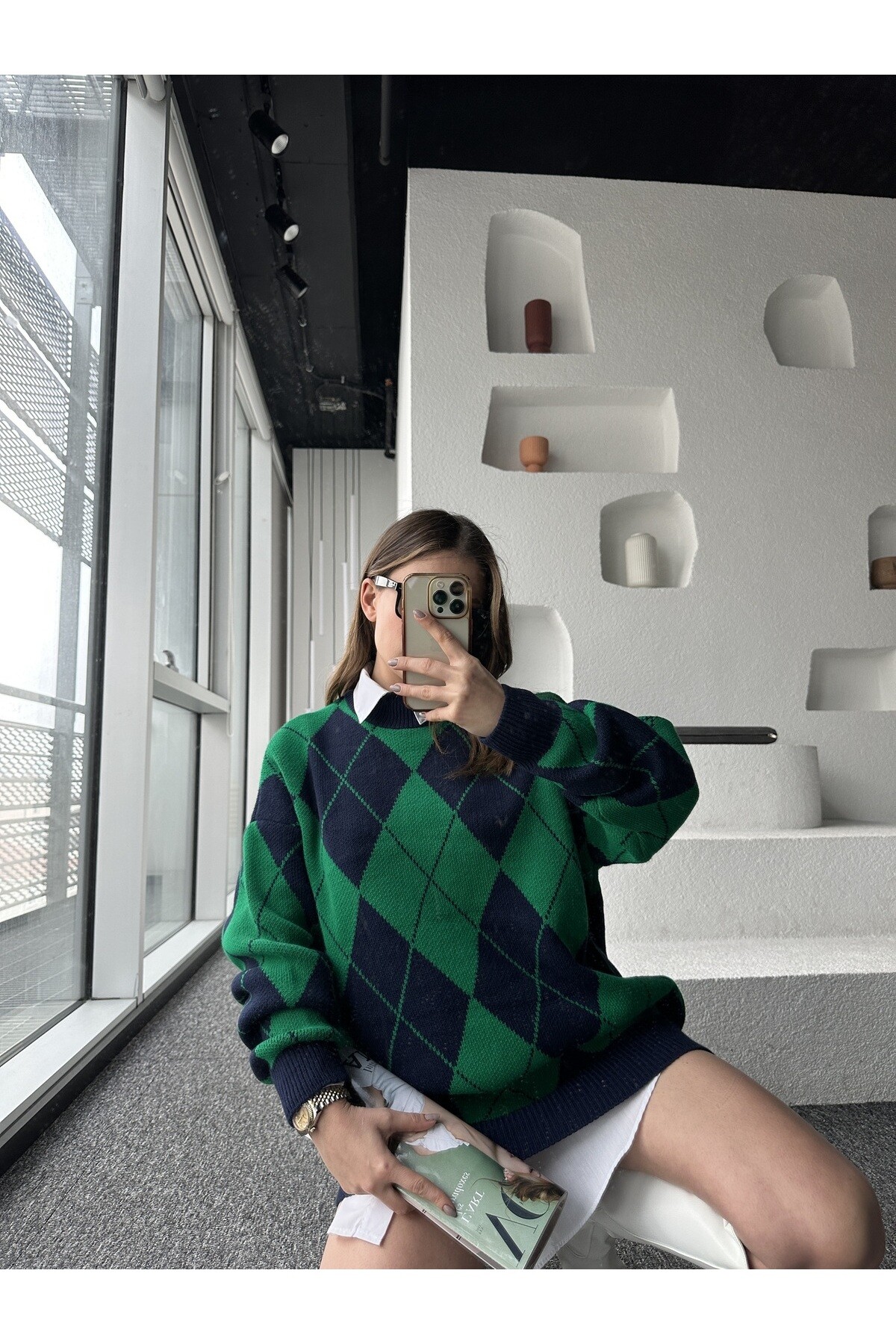 Kadın Dik Yaka Baklava Desen Oversize Triko Kazak  Yeşil