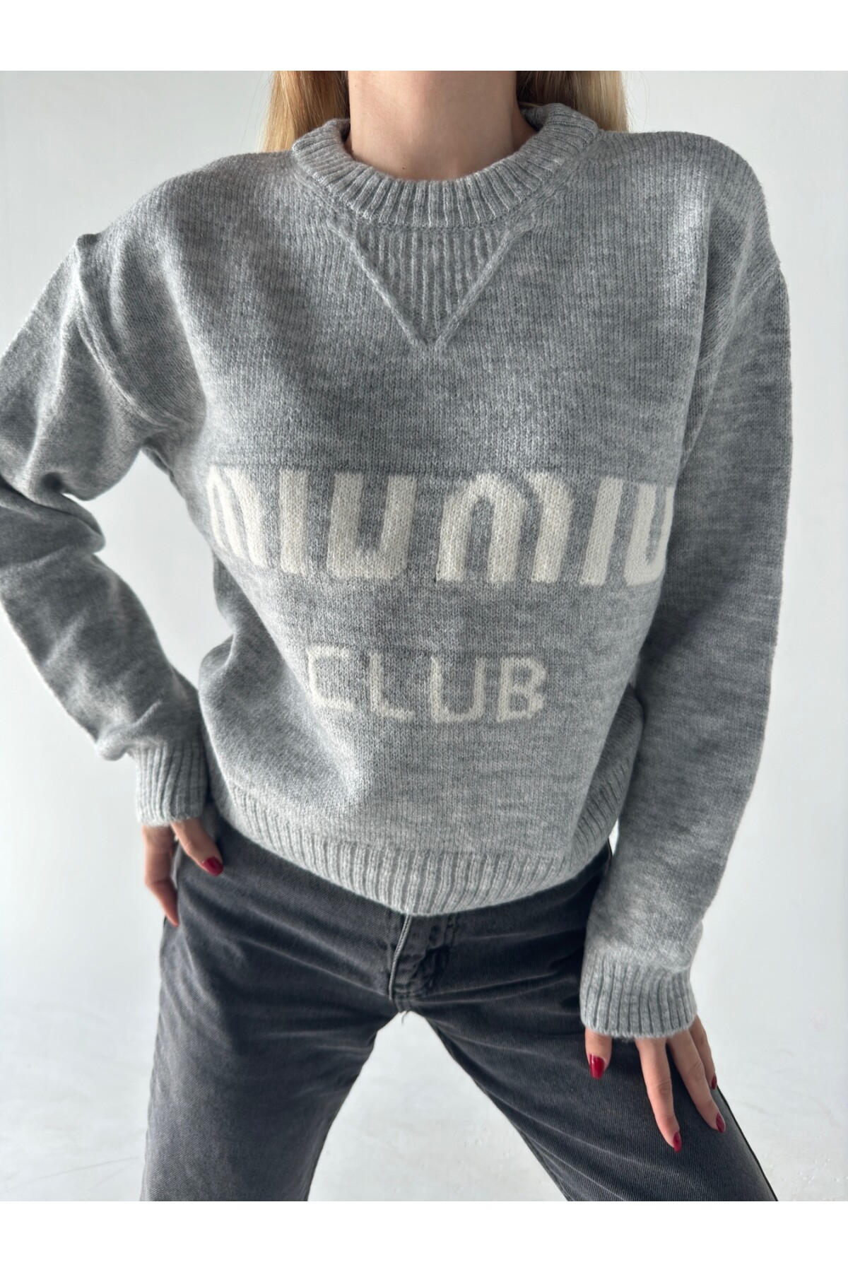 Kadın Gri marka model pamuk örme bisiklet yaka kazak