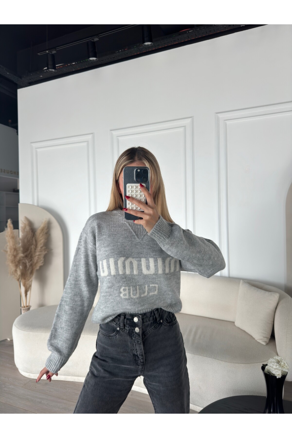 Kadın Gri marka model pamuk örme bisiklet yaka kazak