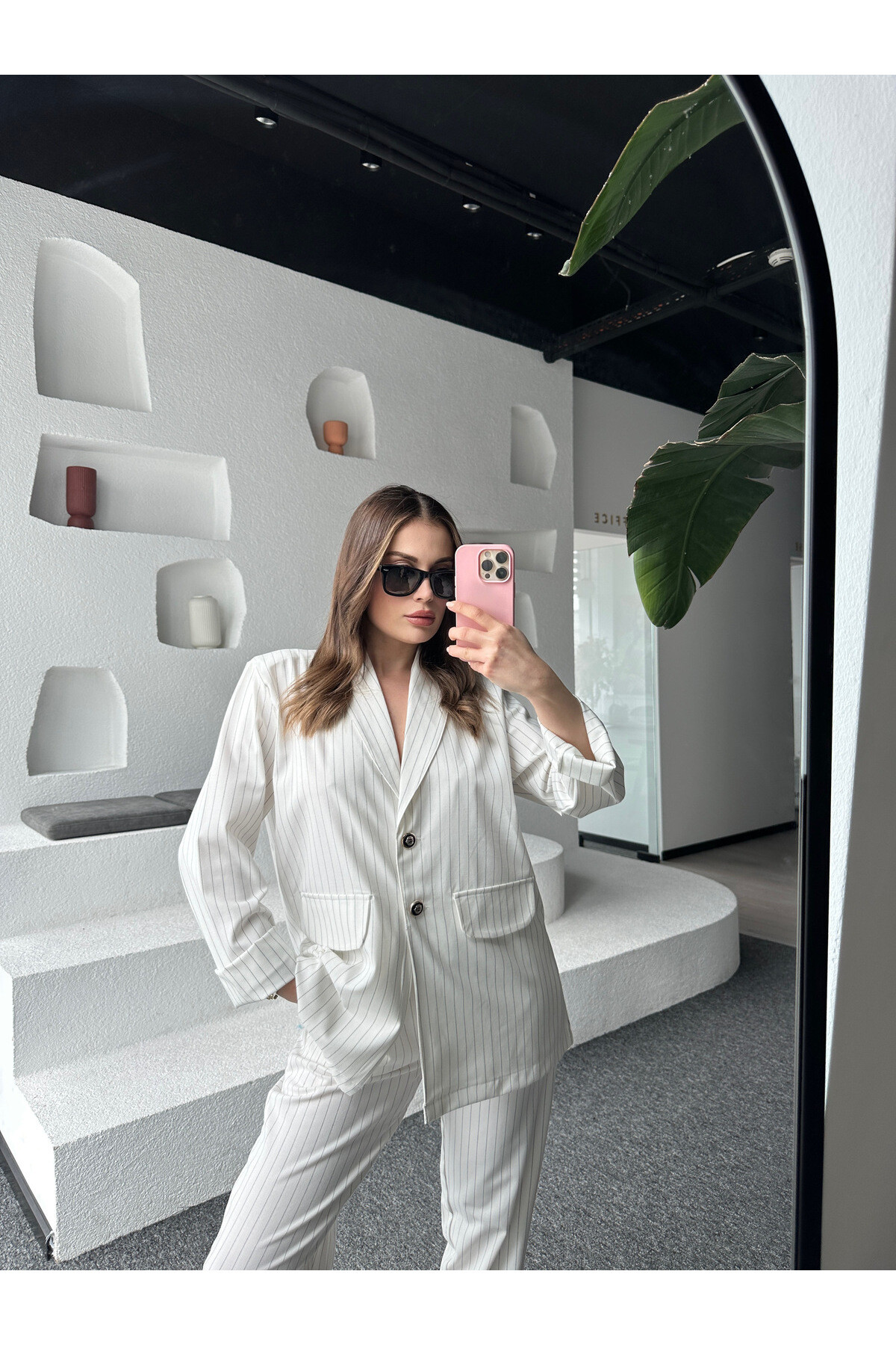 Kadın Düğme Detaylı Çizgili Mevsimlik Pantolon Ceket Takım  Beyaz