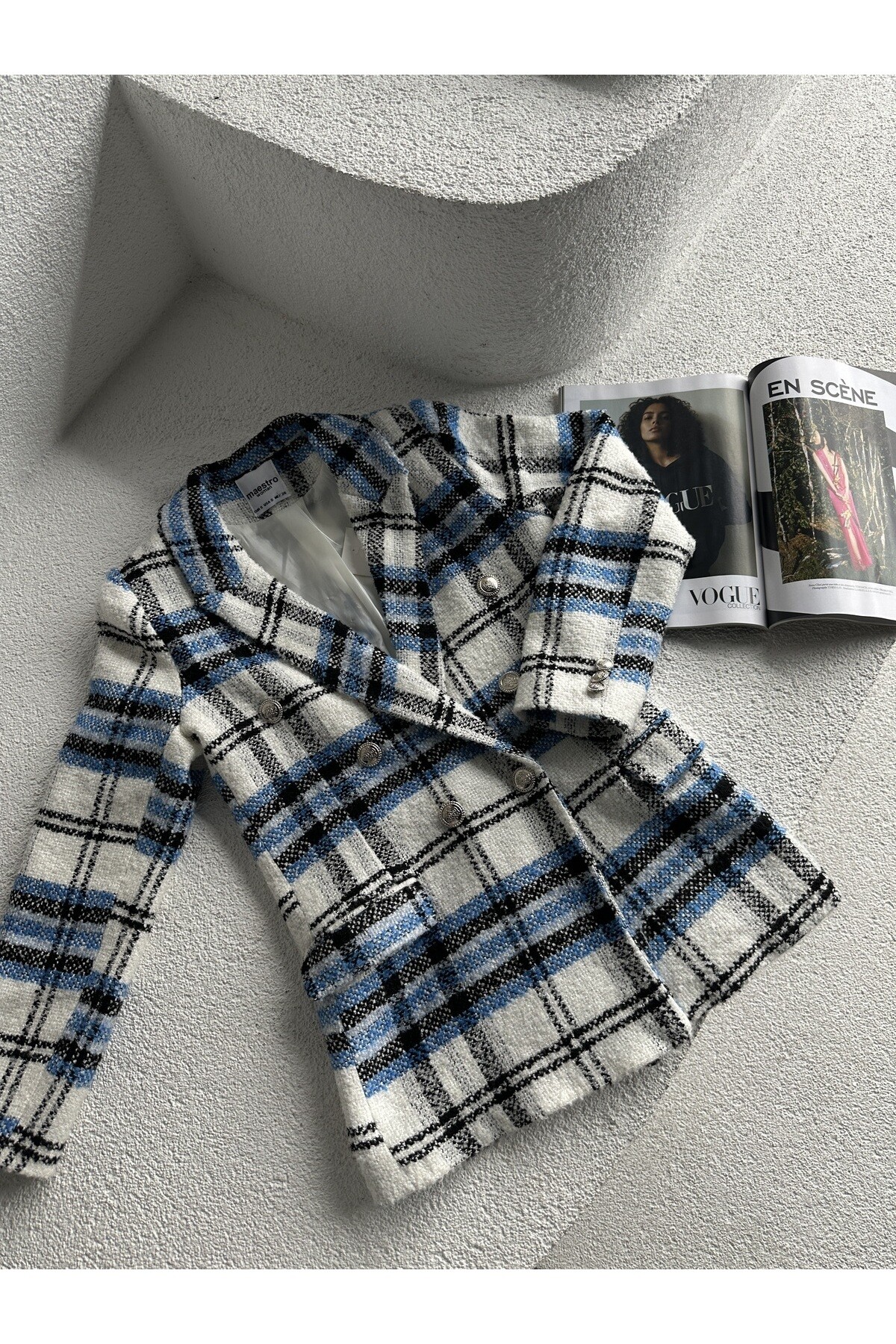 Kadın Ekose Desenli Düğme Detay Astarlı Tüvit Blazer Ceket  Mavi Beyaz