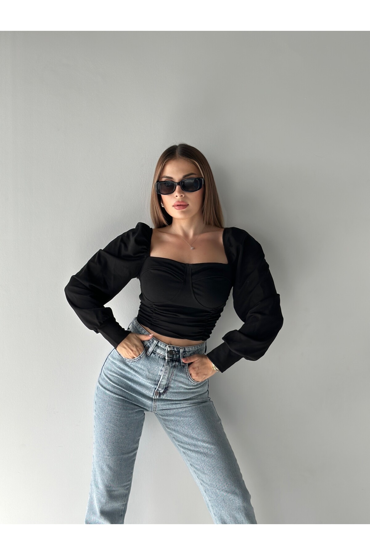 Kadın Gloplu Valonlu Kol Drape Bluz